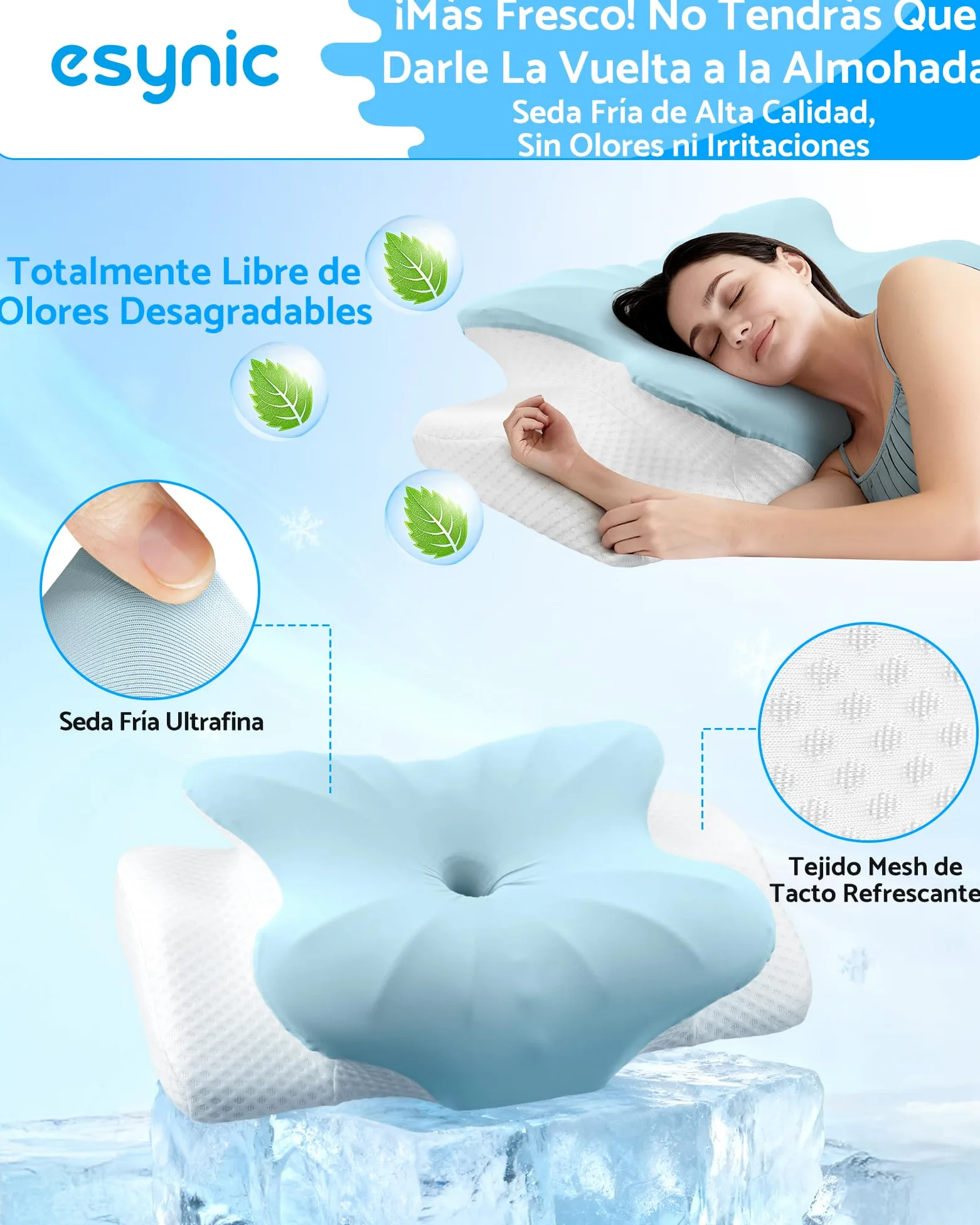 eSynic Almohada Viscoelástica Ergonómica para Cuello y Cervical Cojín Ortopédico de Espuma de Memoria con Doble Altura 11/13 cm Almohada para Dormir de Lado y Boca Arriba Funda Transpirable y Lavable