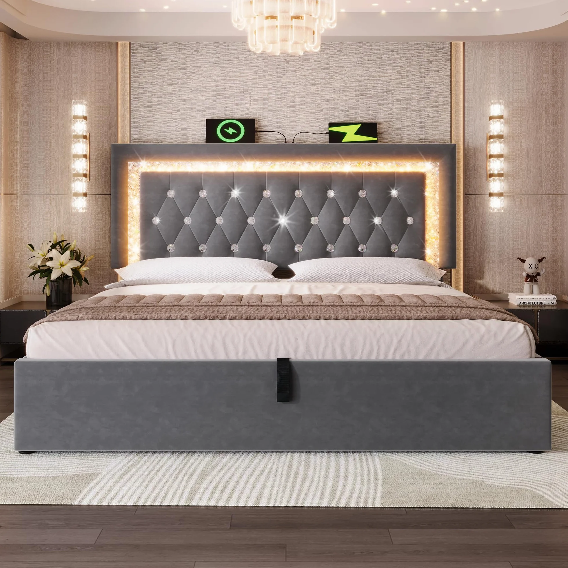 Cama Tapizada Matrimonio 140x200 cm con Cabecero LED y Carga USB, Camas Juveniles con Almacenaje Hidráulico, Camas Matrimoniales con Lamas de Madera, Terciopelo, Sin Colchón, Gris