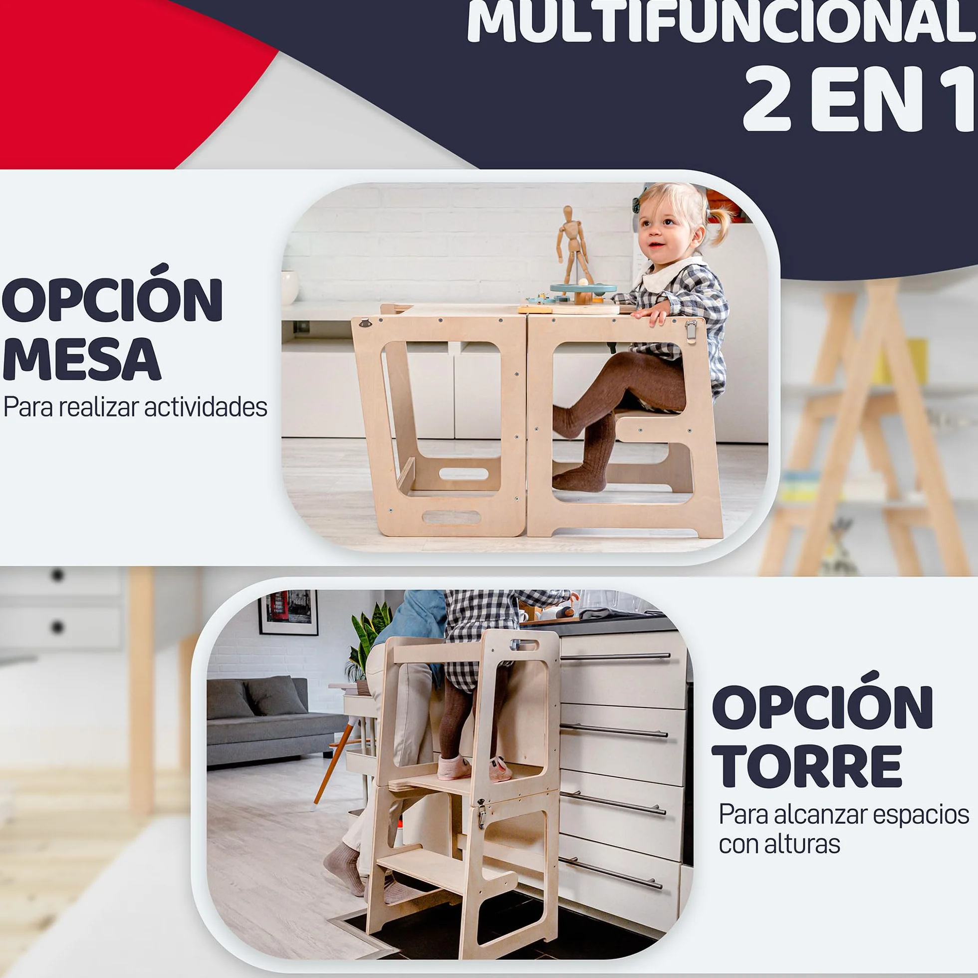 Torre Aprendizaje Montessori Plegable Convertible Mesa Silla Madera