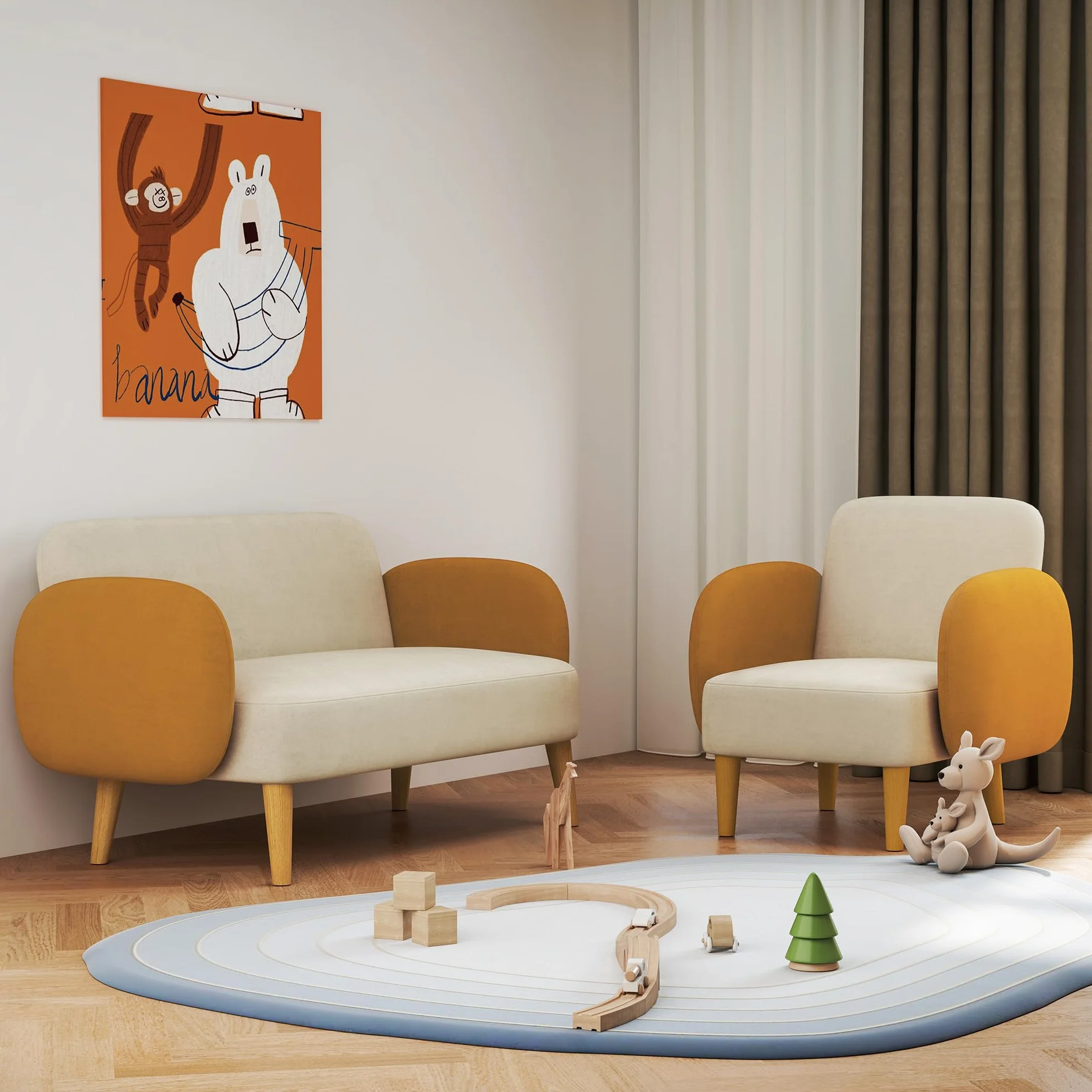 HOMCOM Sillón de Salón Nórdico Butaca para Dormitorio con Reposabrazos y Patas de Madera Sofá Individual Carga 120 kg para Oficina Sala de Estar Beige y Ocre