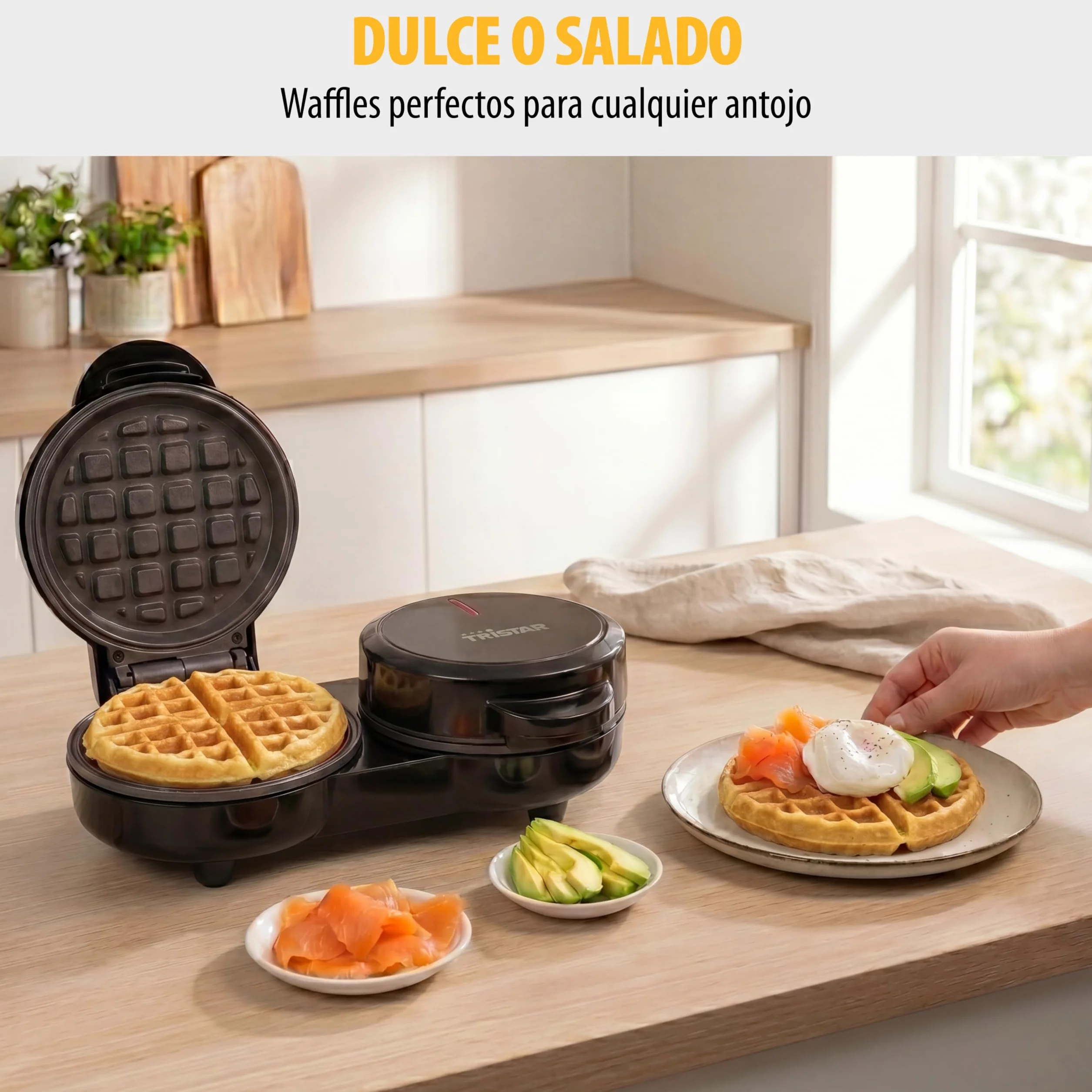 Tristar Gofrera Mini Doble, 2 Gofres por Uso, Potencia de 1100 W, Placas de Aluminio Antiadherentes, Diseño Compacto, WF-2115