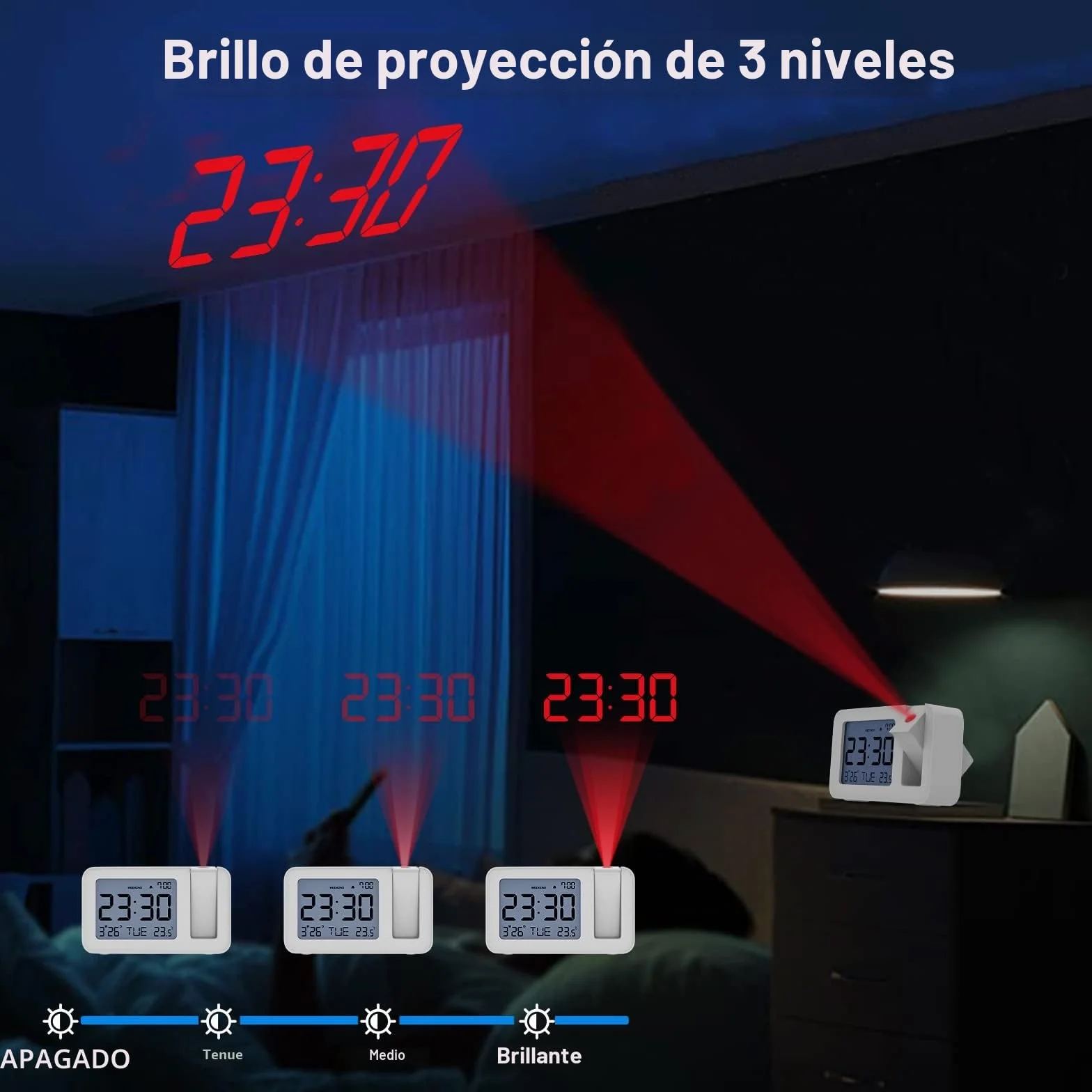 CHEREEKI Reloj Despertador Proyector, Despertador Proyección Digital, Reloj Proyector Techo con Temperatura Interior Fecha, Repetición