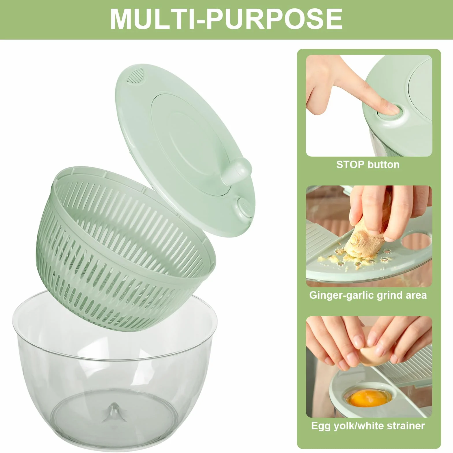 VINATO Centrifugadora Lechuga 4,5L, Mandolina de Cocina Multiusos, Escurridor Verduras para Lavar, Centrifugar y Cortar. Ensaladera con 5 Cuchillas + 1 Accesorio para Zumos.