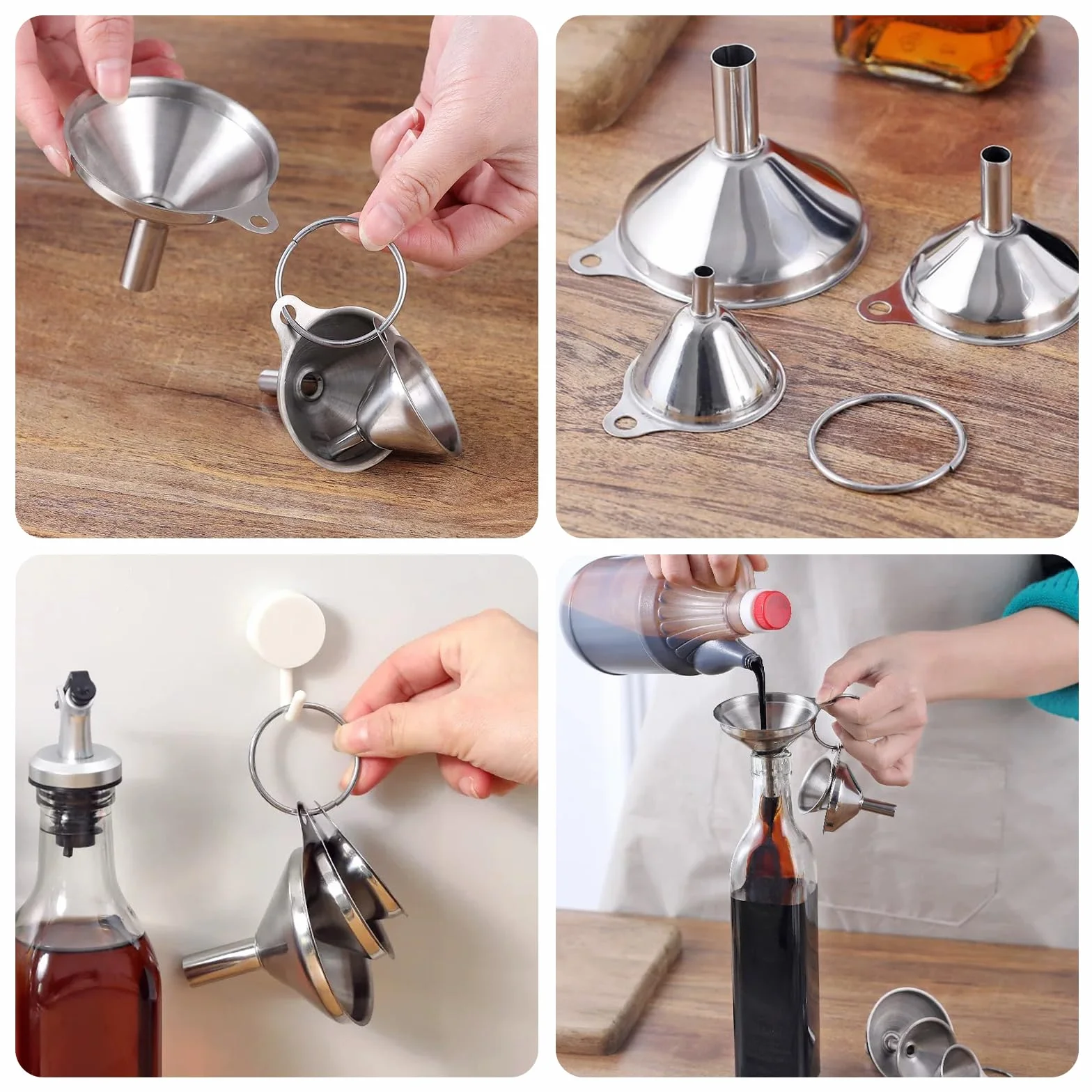3 Piezas Embudo de Cocina en Acero Inoxidable con Cepillo de Limpieza Embudo Multiusos para Líquidos y Polvos, Diseño Antigoteo para Repostería, Bebidas o Almacenamiento