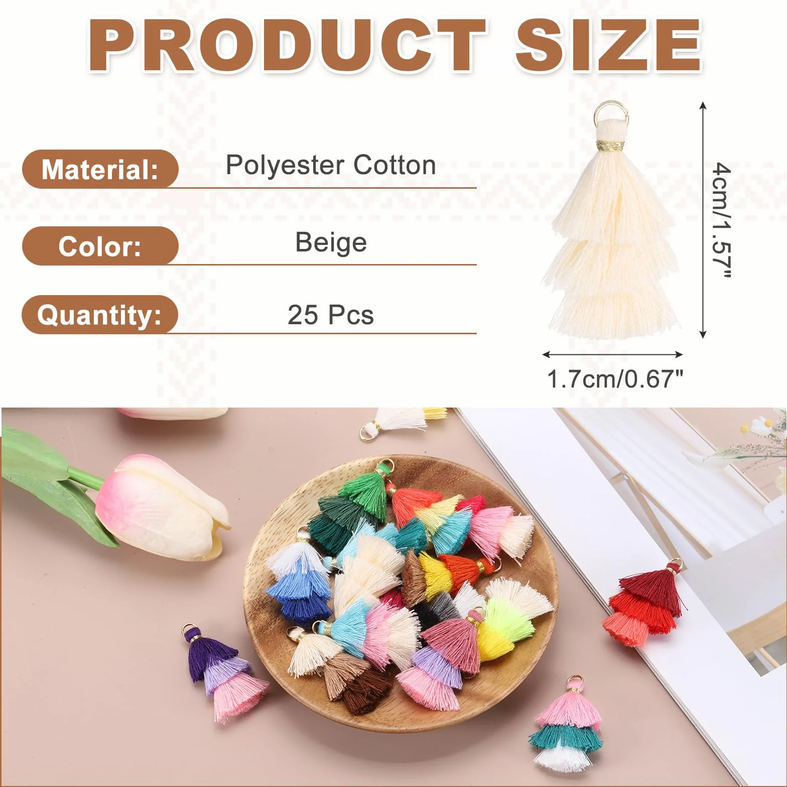 QUARKZMAN Borlas Miniaturas De Tres Capas 1.6" Multiples Niveles Bohemio Hecho A Mano Charm para Bolsa con Anillo para Hacer Aretes Llaveros Atrapasueños DIY Paquete De 25, Beige