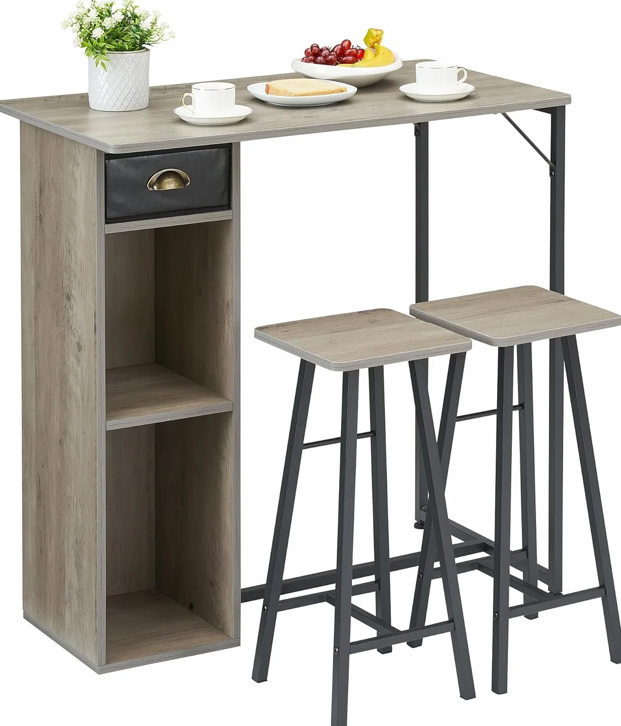 Zstar Conjunto de Mesa de Bar con 2 Taburetes, Mueble Auxiliar con Almacenamiento Lateral, para Cocina y Comedor, Color Gris Madera