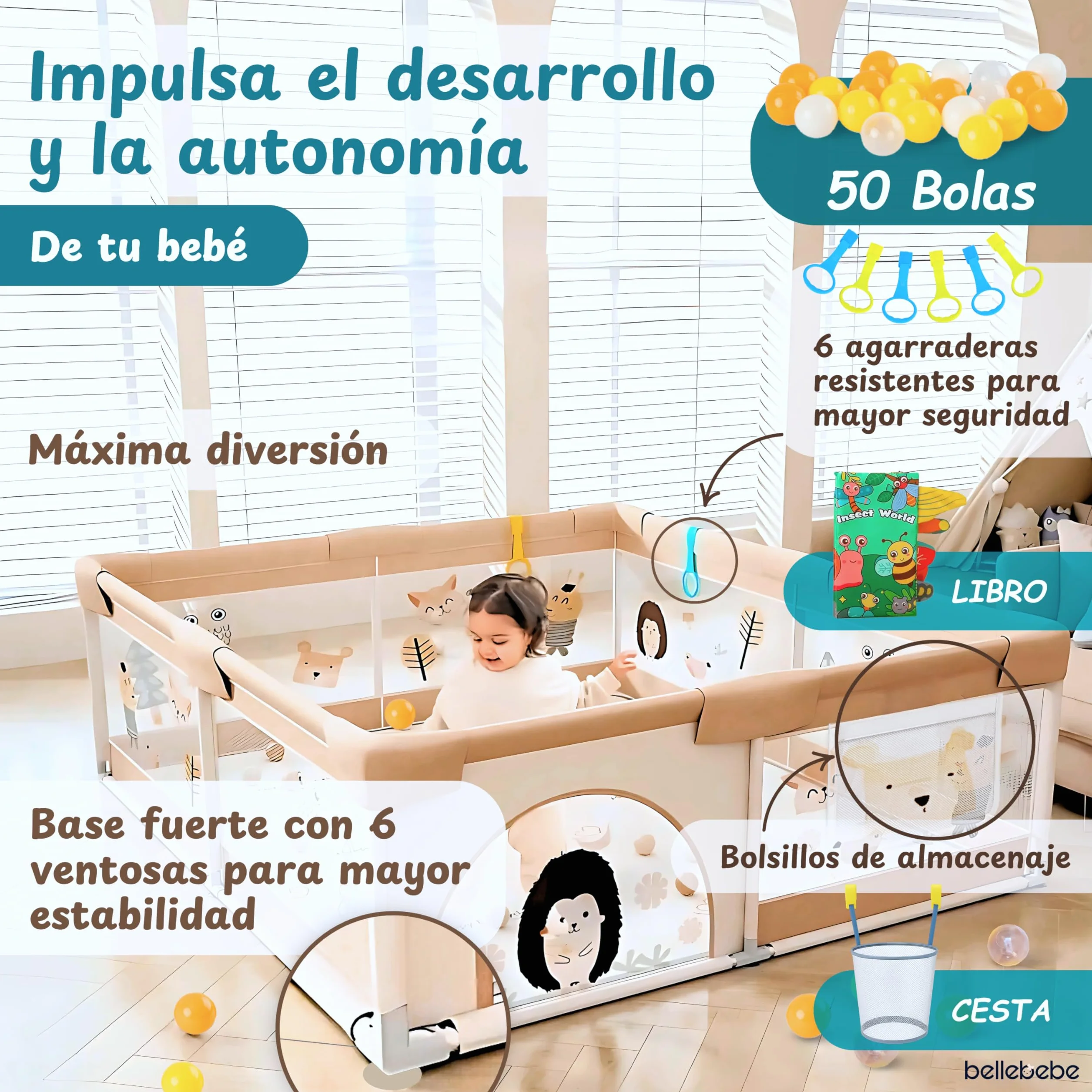 BELLEBEBE Parque Infantil Bebe 150x180cm Corralito Plegable con Alfombra Acolchada y Bolas