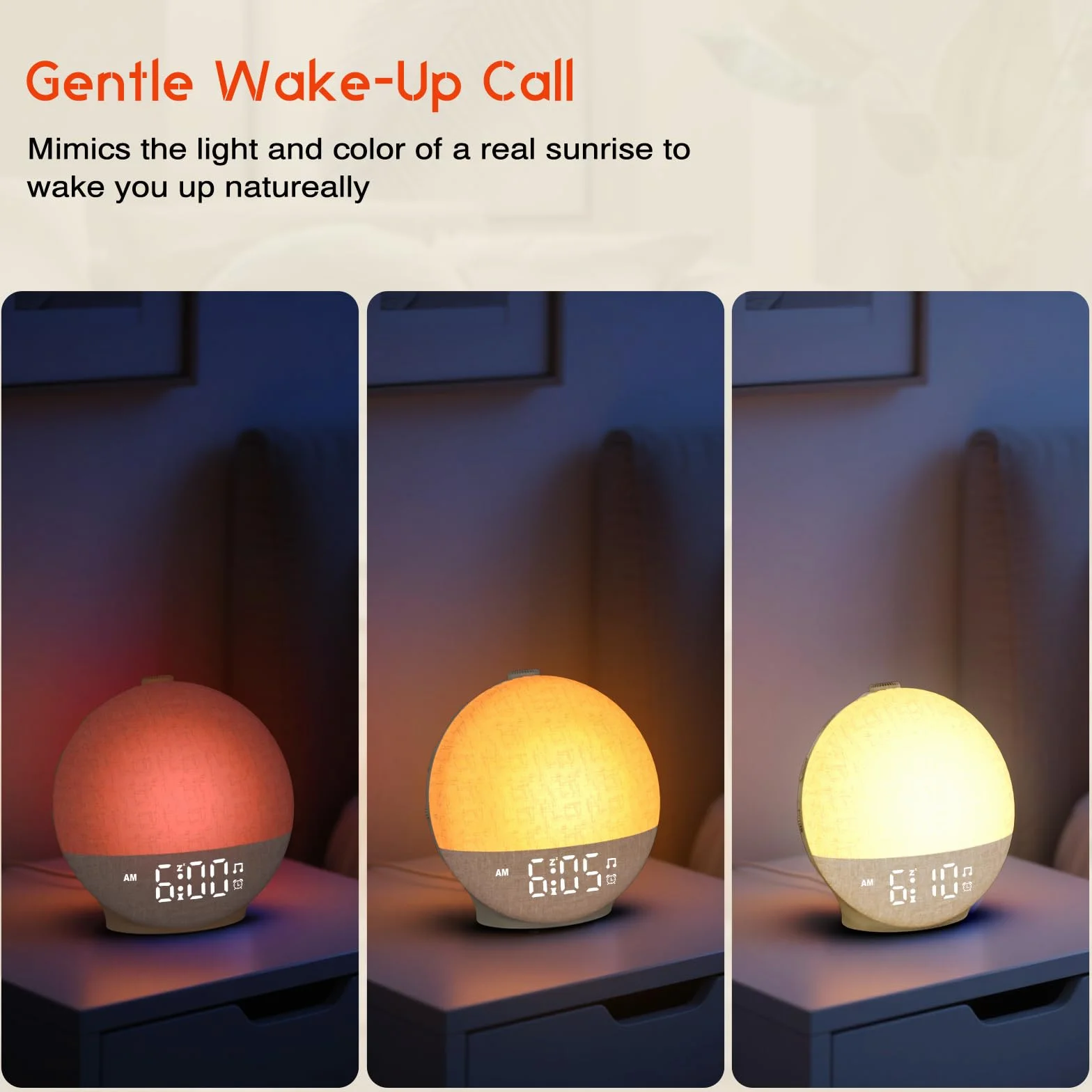 Reloj Despertador con Simulación de Amanecer, Despertador con Lámpara LED de Noche, 30 Efectos de Sonido Que Ayudan a Dormir, Función Temporizador y Snooze