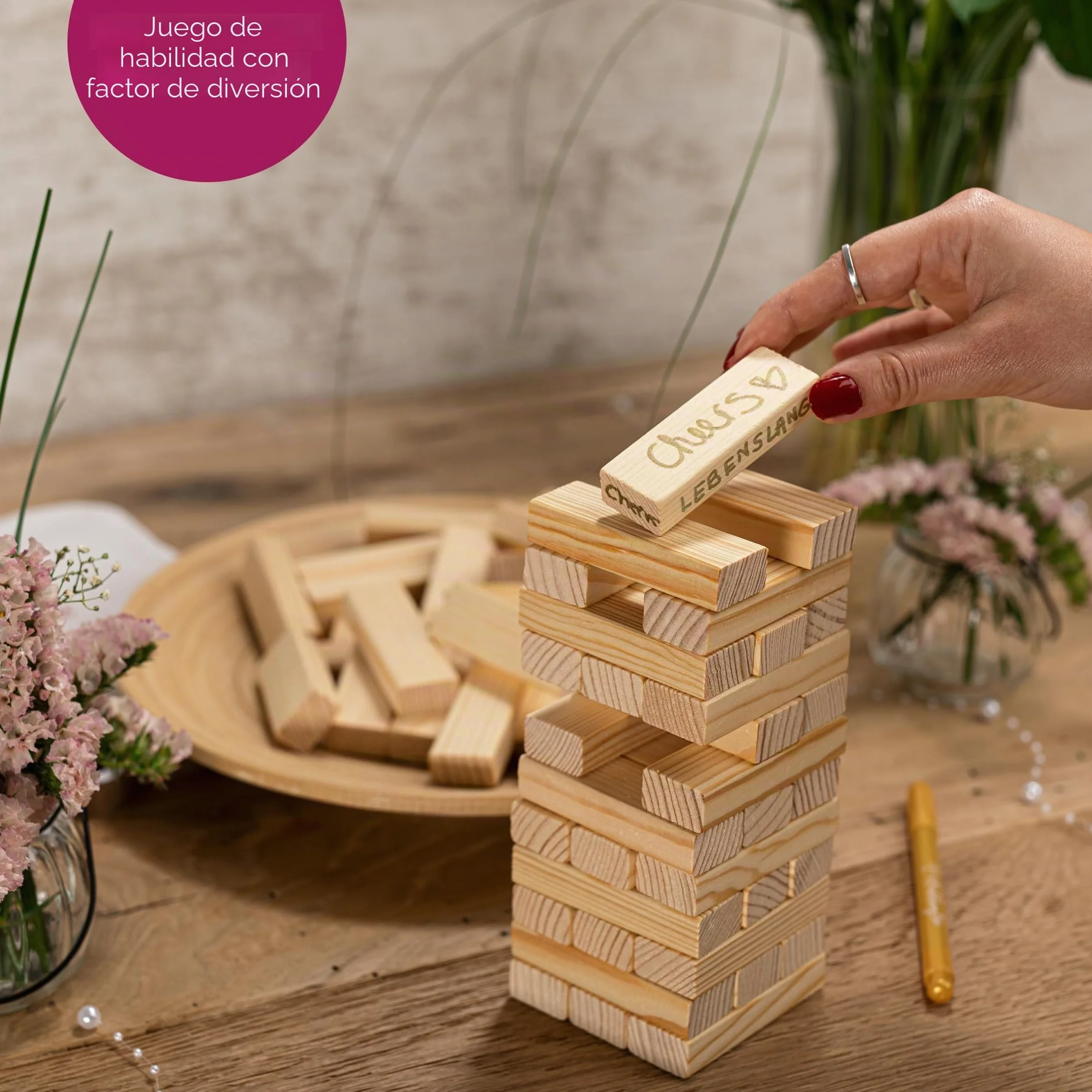 WeddingTree Libro de Firmas Bodas como Torre de Madera - con 72 Piedras, Bolsa de Almacenaje y 3 Rotuladores Metálicos - Libro Firmas Boda - Detalles para Bodas - Album para Firmas - Album Firmas Boda