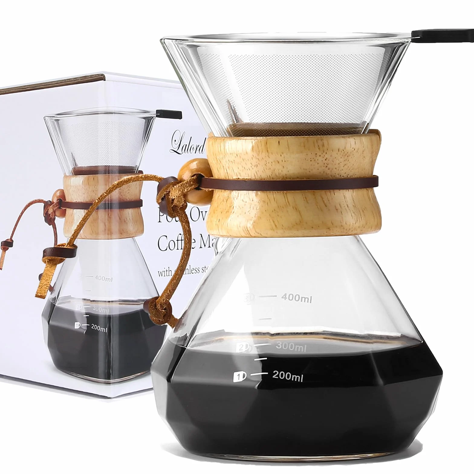 Cafetera de Goteo Lalord con Filtro de Acero Inoxidable Reutilizable, Jarra de Vidrio de Borosilicato, 400 ml