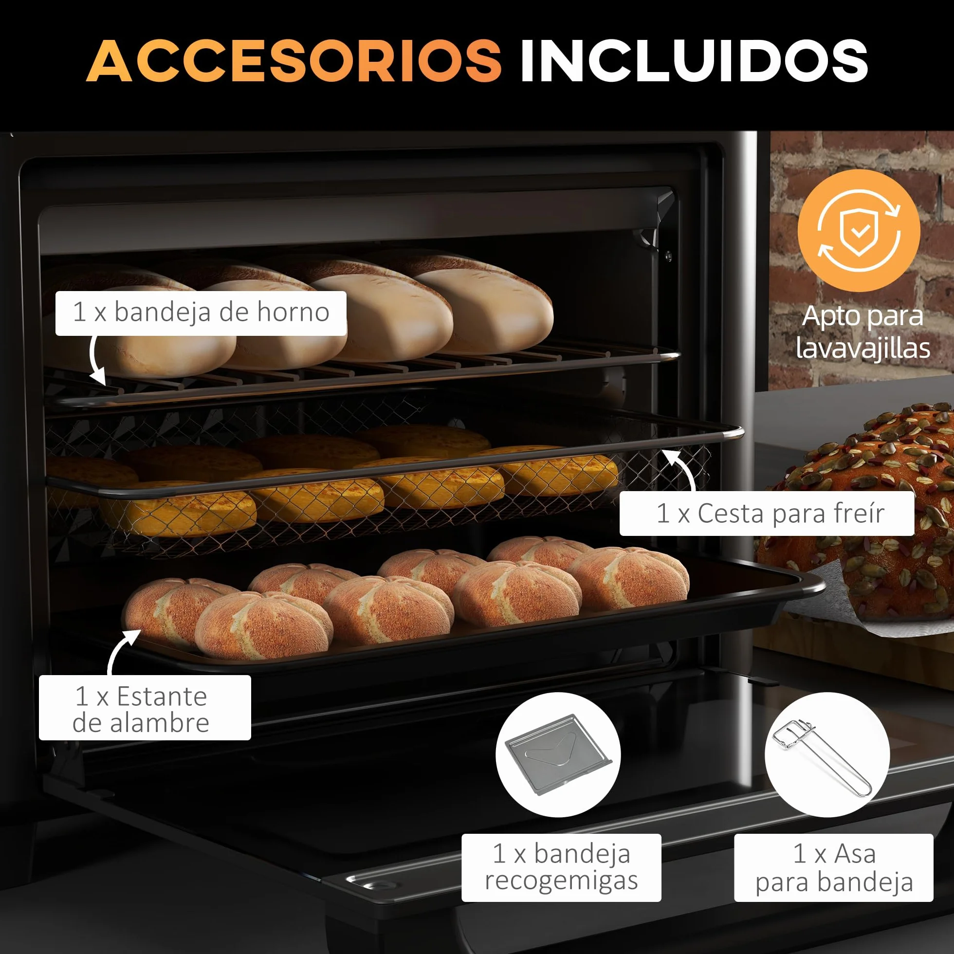 HOMCOM Horno Eléctrico de Sobremesa Horno Sobremesa de 13L 1200W Freidora de Aire con 12 Modos de Calor Temporizador 12 H y Temperatura Regulable hasta 220℃ Blanco