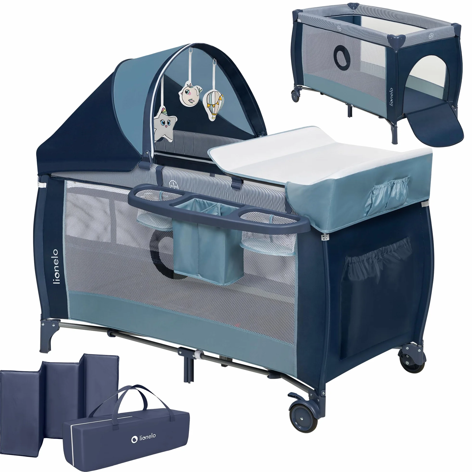lionelo Sven Plus Cuna de Viaje para bebés 0-36M para niños hasta 15 kg Función de Cambiador Mosquitero Apertura Lateral con Cremallera Ajuste de Altura (Azul Oscuro)