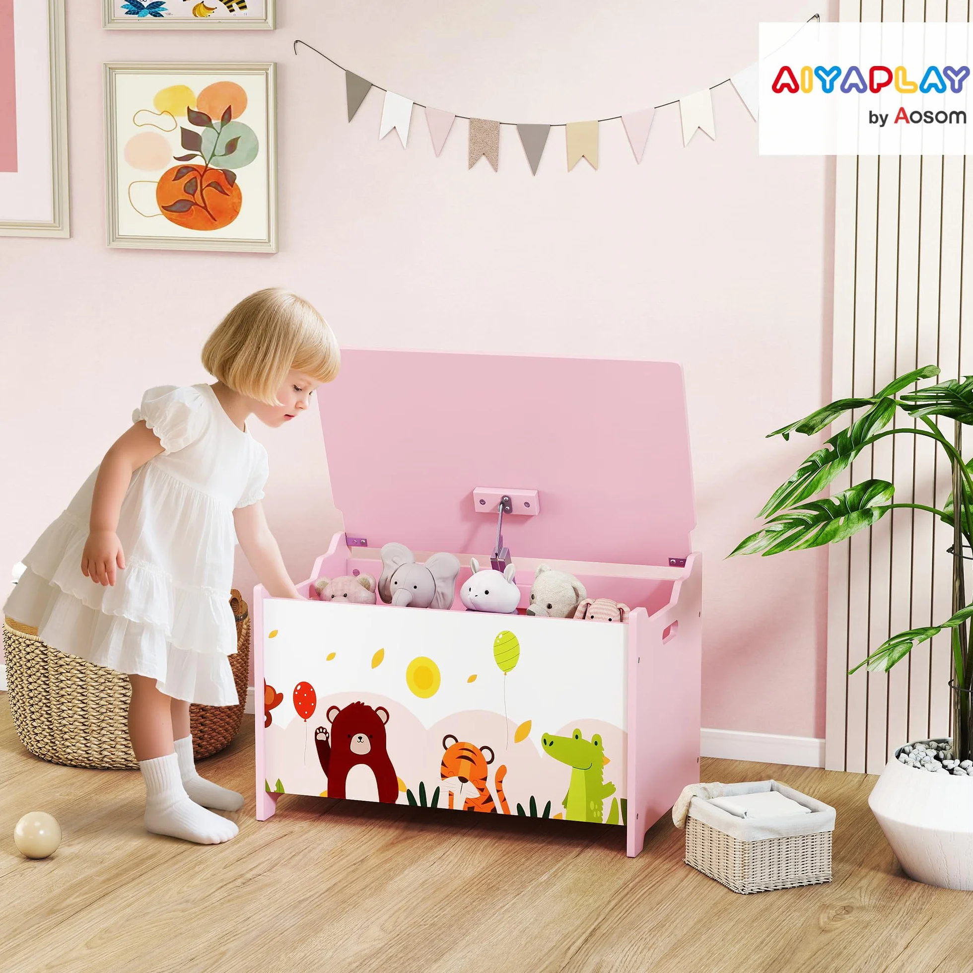 AIYAPLAY Caja de Almacenaje de Juguetes, Baúl Juguetes Infantil, Tapa Abatible con Cierre Suave, Asas, Estampados de Animales, para Libros, Ropa en Dormitorio, Sala de juegos, Guardería, Rosa