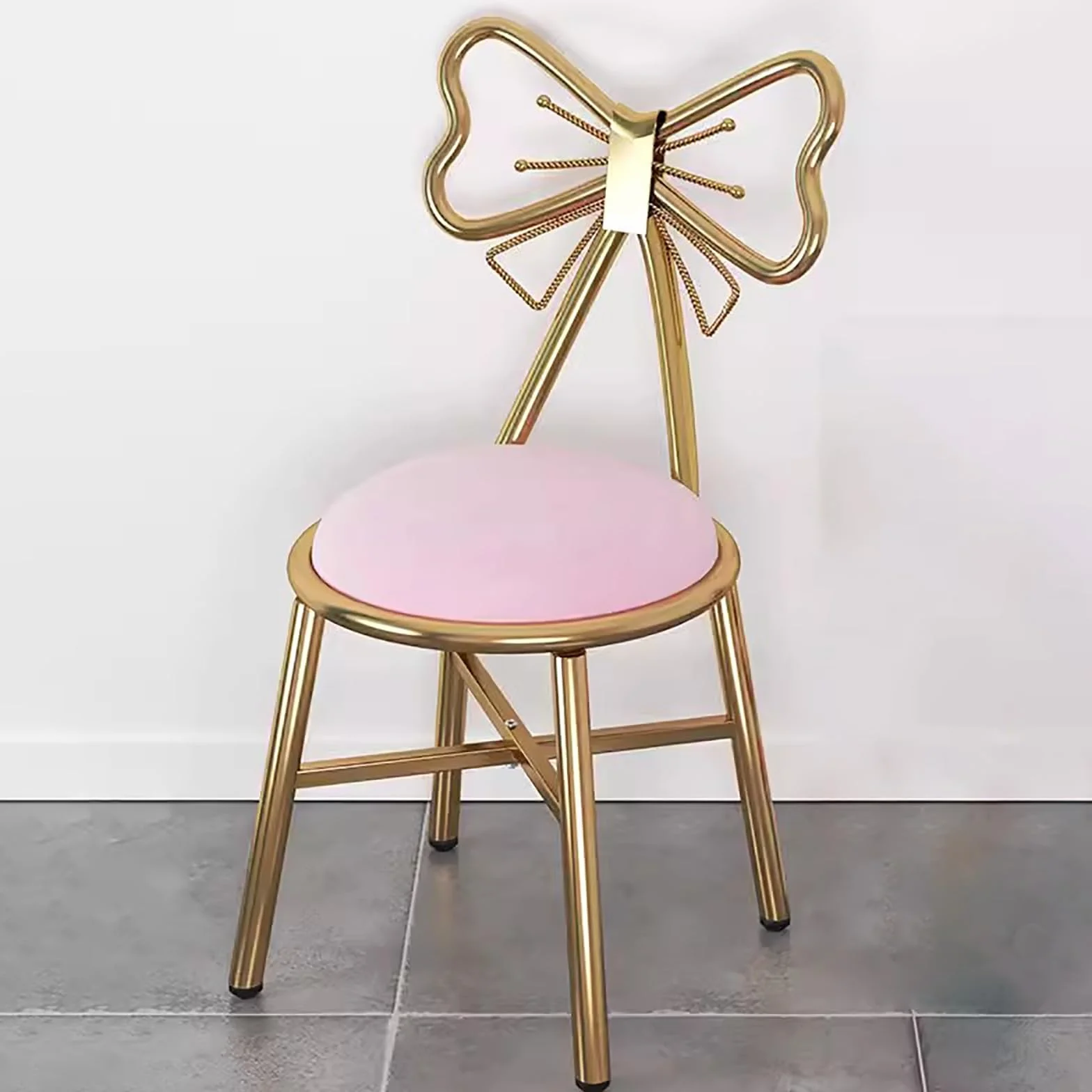Silla de Maquillaje con Respaldo de Hierro Forjado, Multifuncional, con Lazo de Mariposa, para Dormitorio, Sala de Estar, Cocina (Color: Rosa)