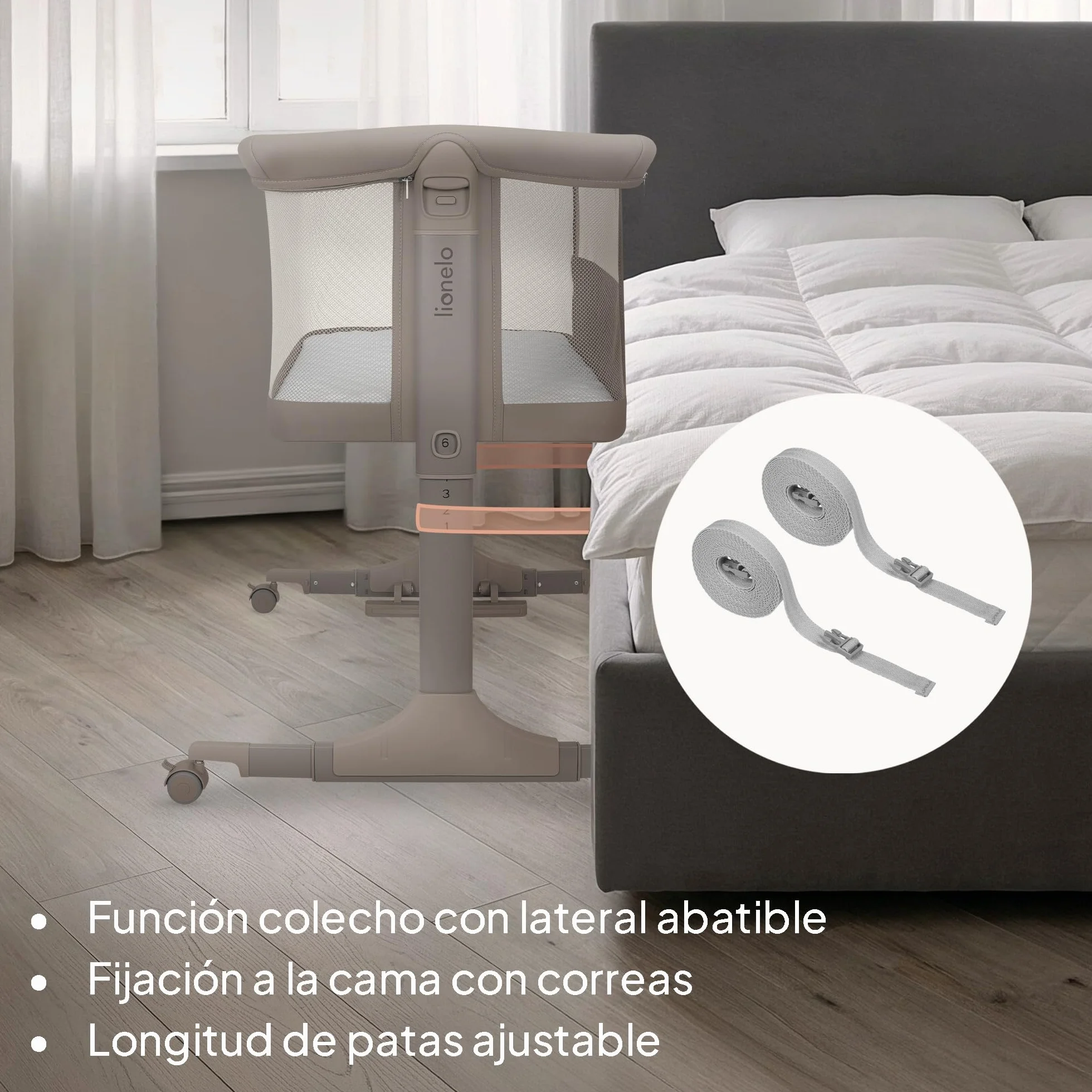 lionelo Pari Cuna 3 en 1 hasta 9 kg, Cuna de colecho, Cama Mecedora, Ajuste de Altura e inclinación del colchón, 4 Ruedas con Freno, Colchón Ergonómico, Malla Transpirable, Bolsa, Minicuna | Estructura de acero