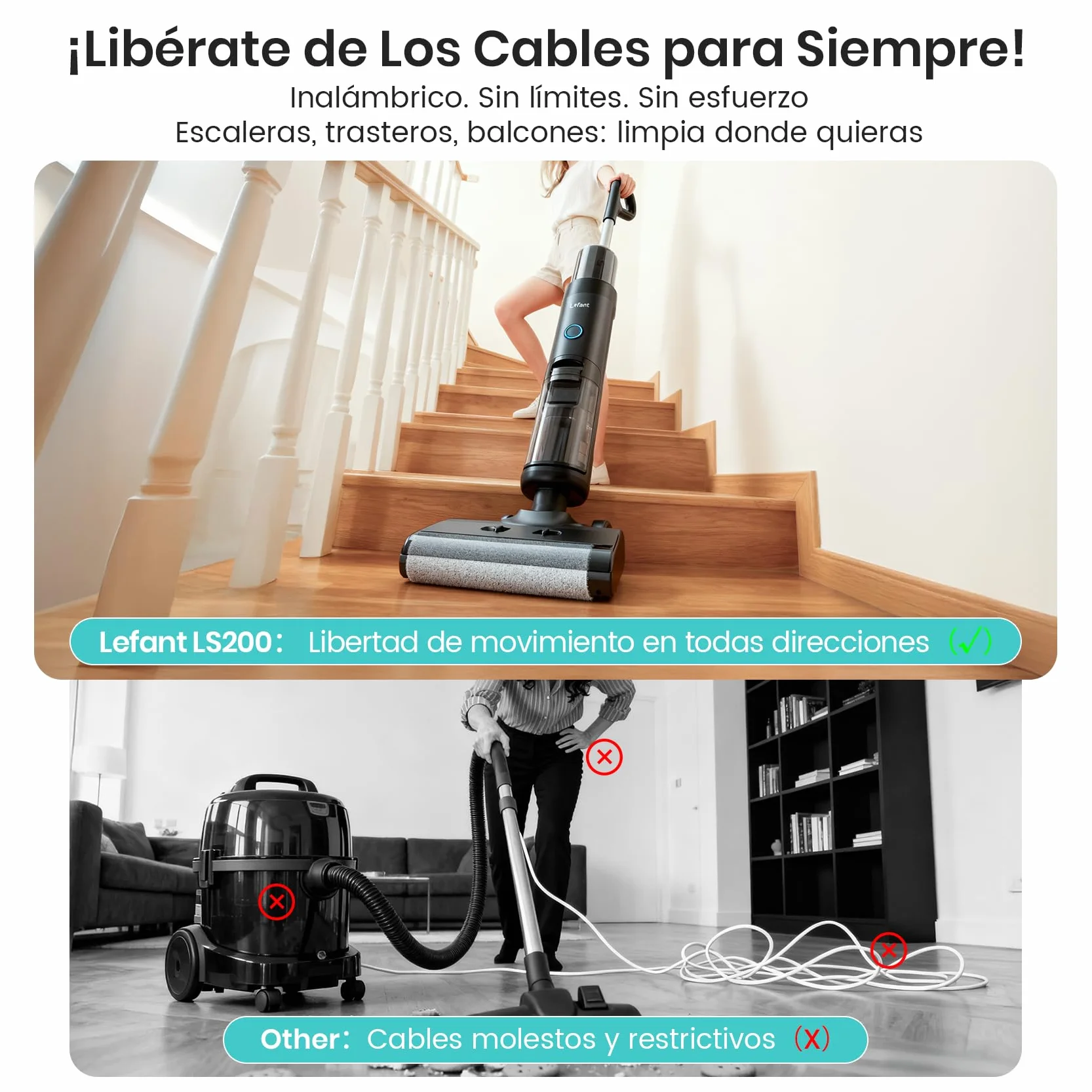Lefant LS200 Aspiradora Fregadora Sin Cable, 13 000 Pa, 3 en 1 Barre Aspira Friega, 30 Min de Autonomía, 216㎡, Borde de 5 mm, Autolavado, Ligero y Fácil de Usar, para Suelos Duros
