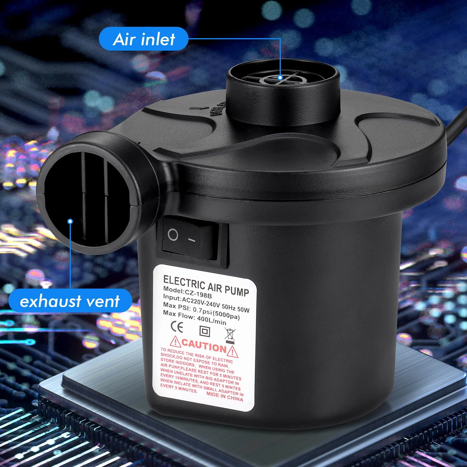 JIZZU Inflador Eléctrico Portátil 2 en 1 con 3 Boquillas para Colchones Hinchables
