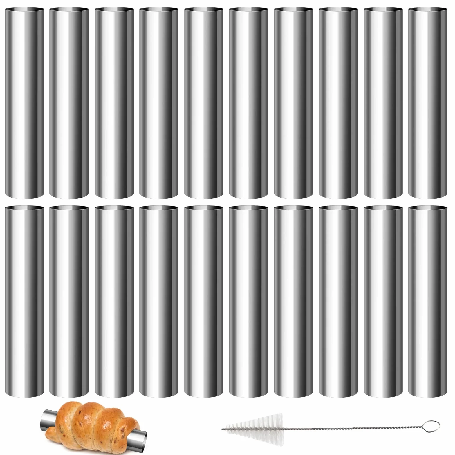 21 PCS Cannoli Molde Tubos, Cannoli Tubes Inoxidable 12 x 2 cm con Cepillo de Limpieza Antiadherente Molde Croissant