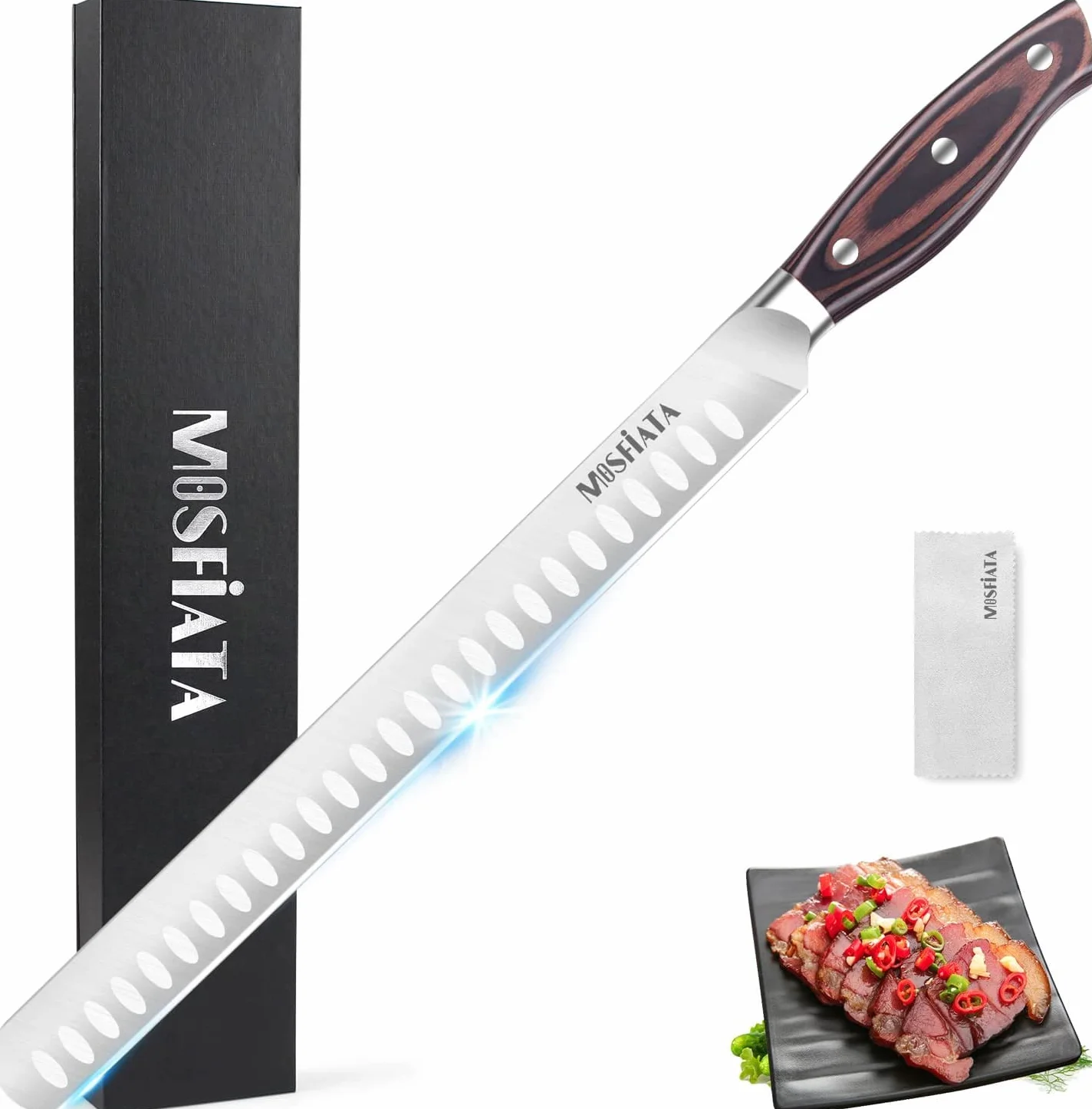MOSFiATA Cuchillo Jamonero Profesional, Hoja Flexible y alveolada de Acero Inoxidable Forjado 300 mm, Mango Madera