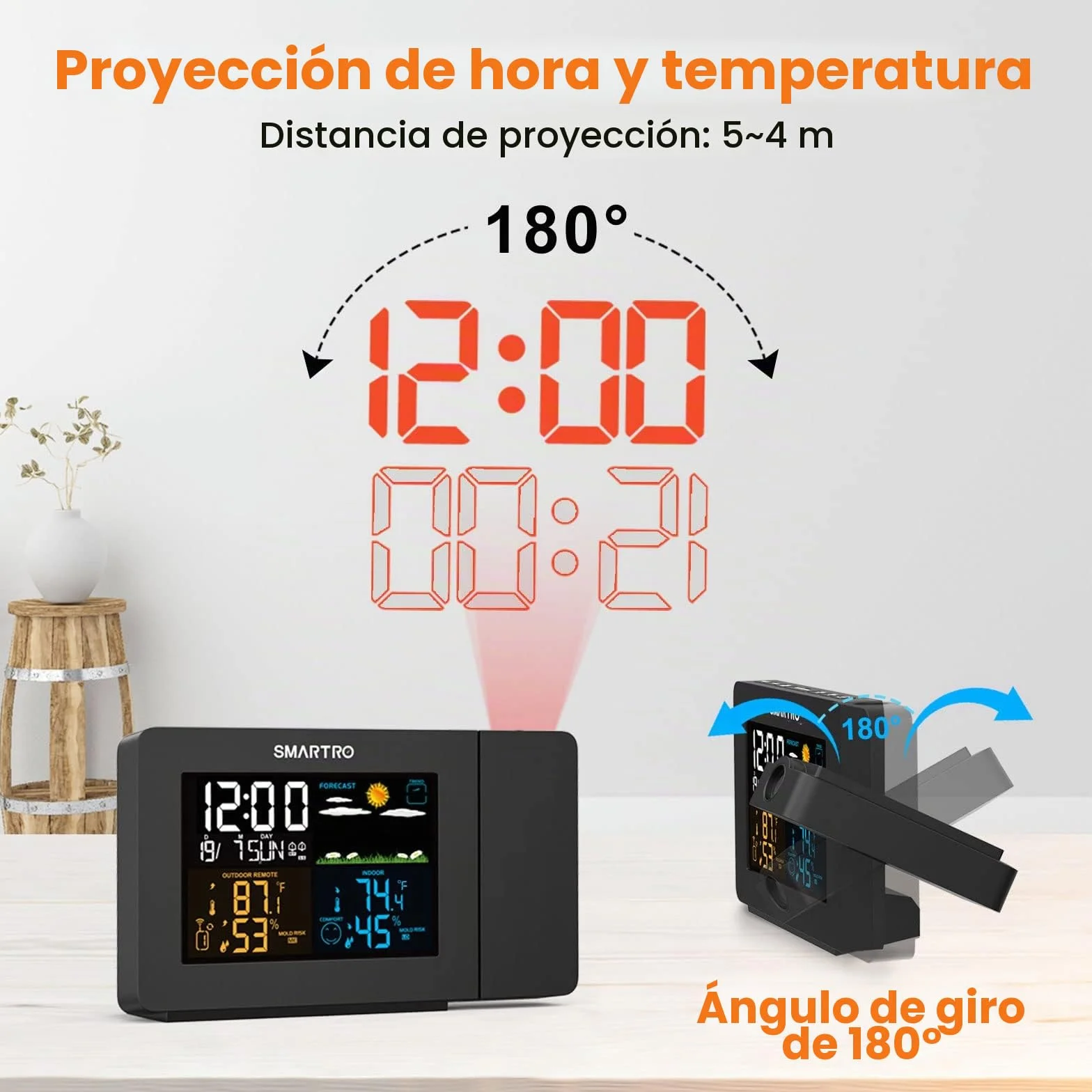 SMARTRO SC91 Despertador de proyección para dormitorios con estaciones meteorológicas, termómetros inalámbricos interiores y exteriores, monitores de temperatura y humedad y higrómetros