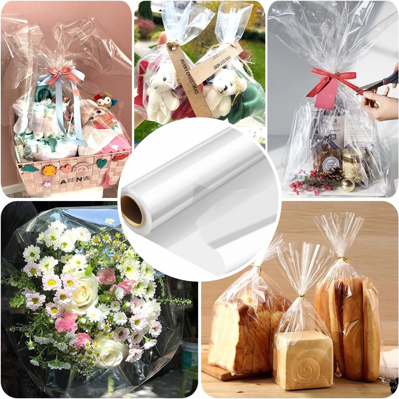 GIBOHOM 86 CM x 30 M Papel Celofán Transparente, 3 Mil Grosor Celofan Transparente Impermeable Papel de Regalo para Cesta, Acetato Transparente para Envolver Regalos, Flores(86CM plegado a 43CM)