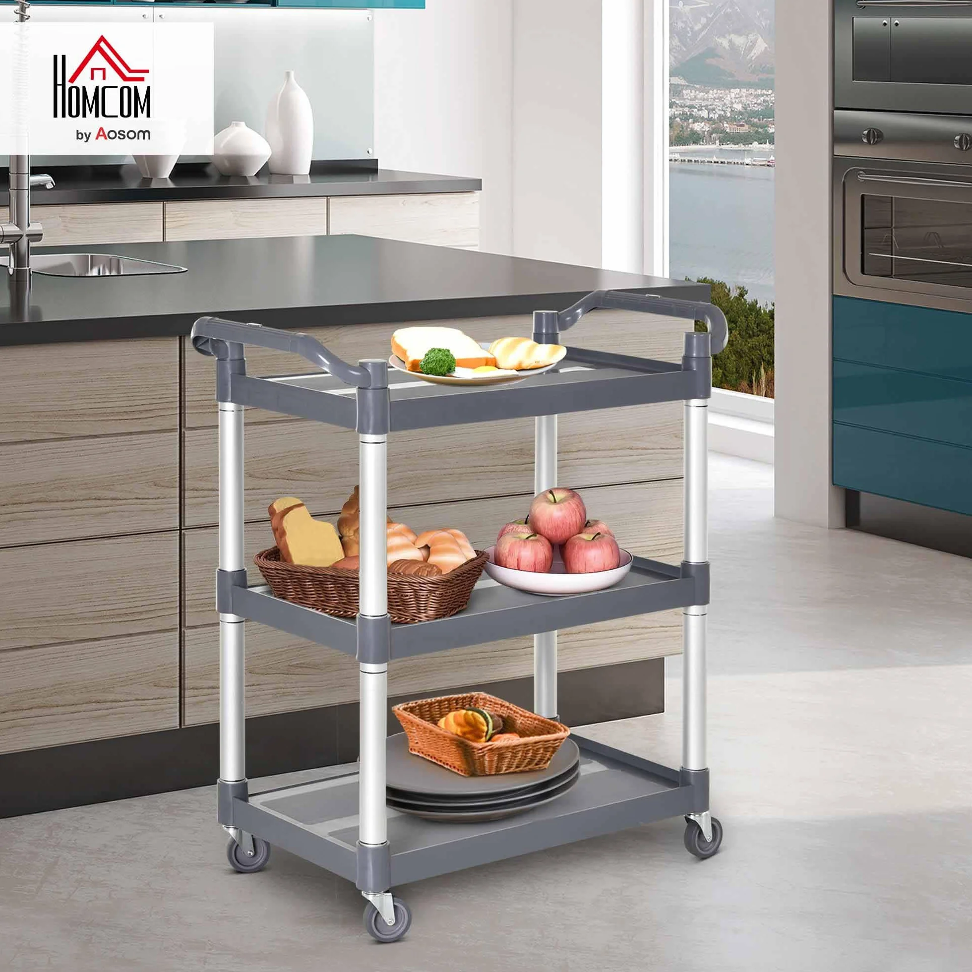 HOMCOM Carrito Auxiliar con Ruedas de 3 Niveles, Marco de Aleación de Aluminio, Carrito de Cocina, Carga de 35 kg por Estante, para Comedor, Sala, Baño, 88x44x93 cm, Gris