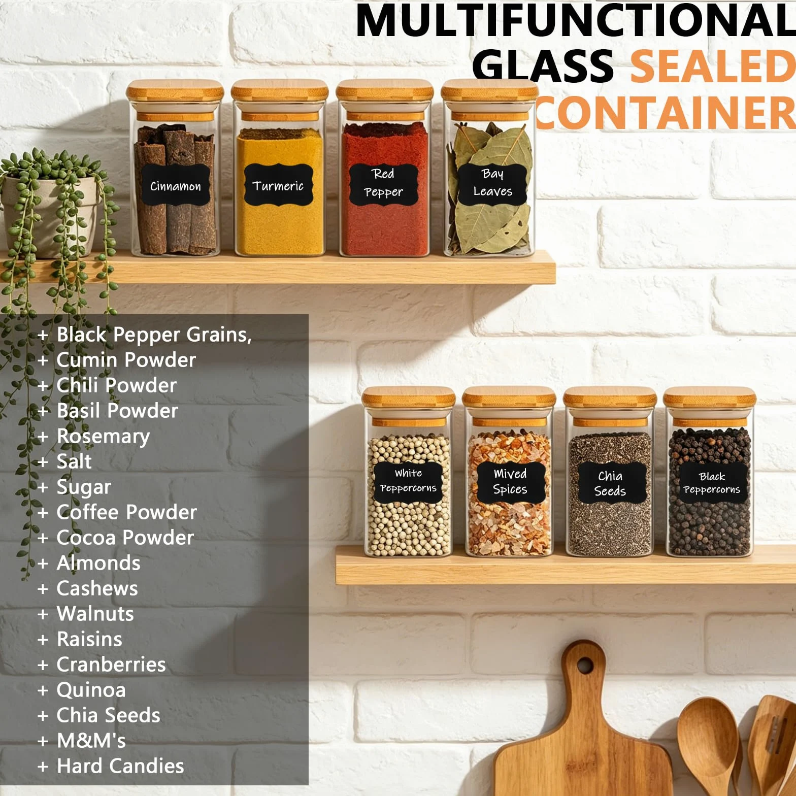 Tarros de especias de vidrio con tapa de bambú y etiqueta, paquete de 12 recipientes cuadrados de vidrio de 8 onzas/250 ml, tarros de especias de vidrio herméticos con tapas, recipiente de vidrio para
