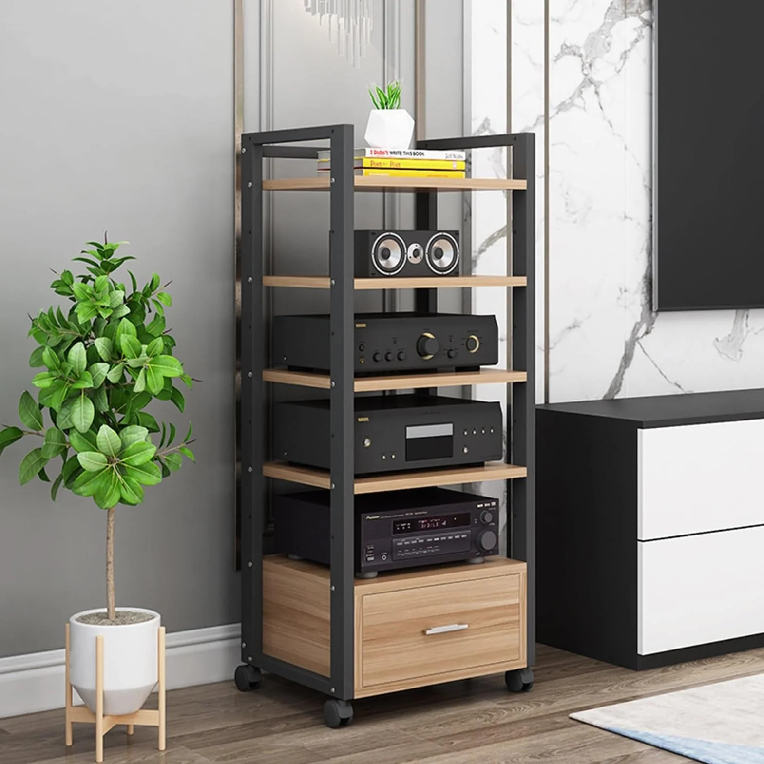 Mueble tocadiscos，mueble hifi rack，mueble equipo hifi con ruedas，Mueble hifi，gabinete estéreo de madera estante de audio，sala de estar almacenamiento medios gabinete，Gabinete Almacenamiento Medios(Bla