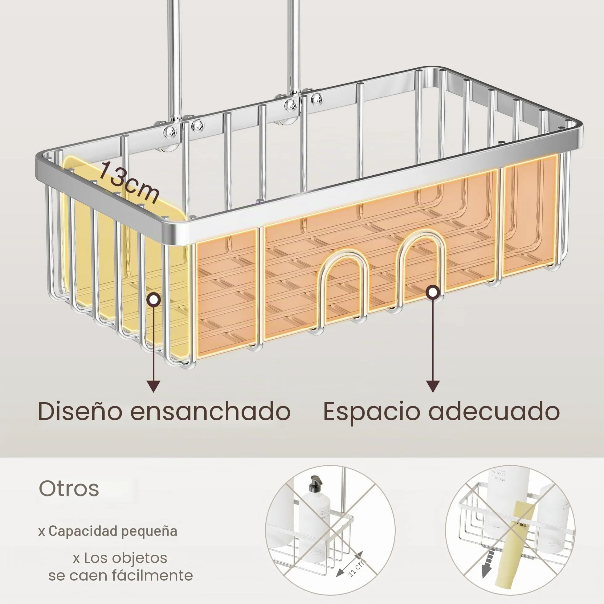 Cesta de ducha colgante, no requiere taladrar, guardar champú o jabón, acero inoxidable SS304, 30 x 13 x 8,5 cm