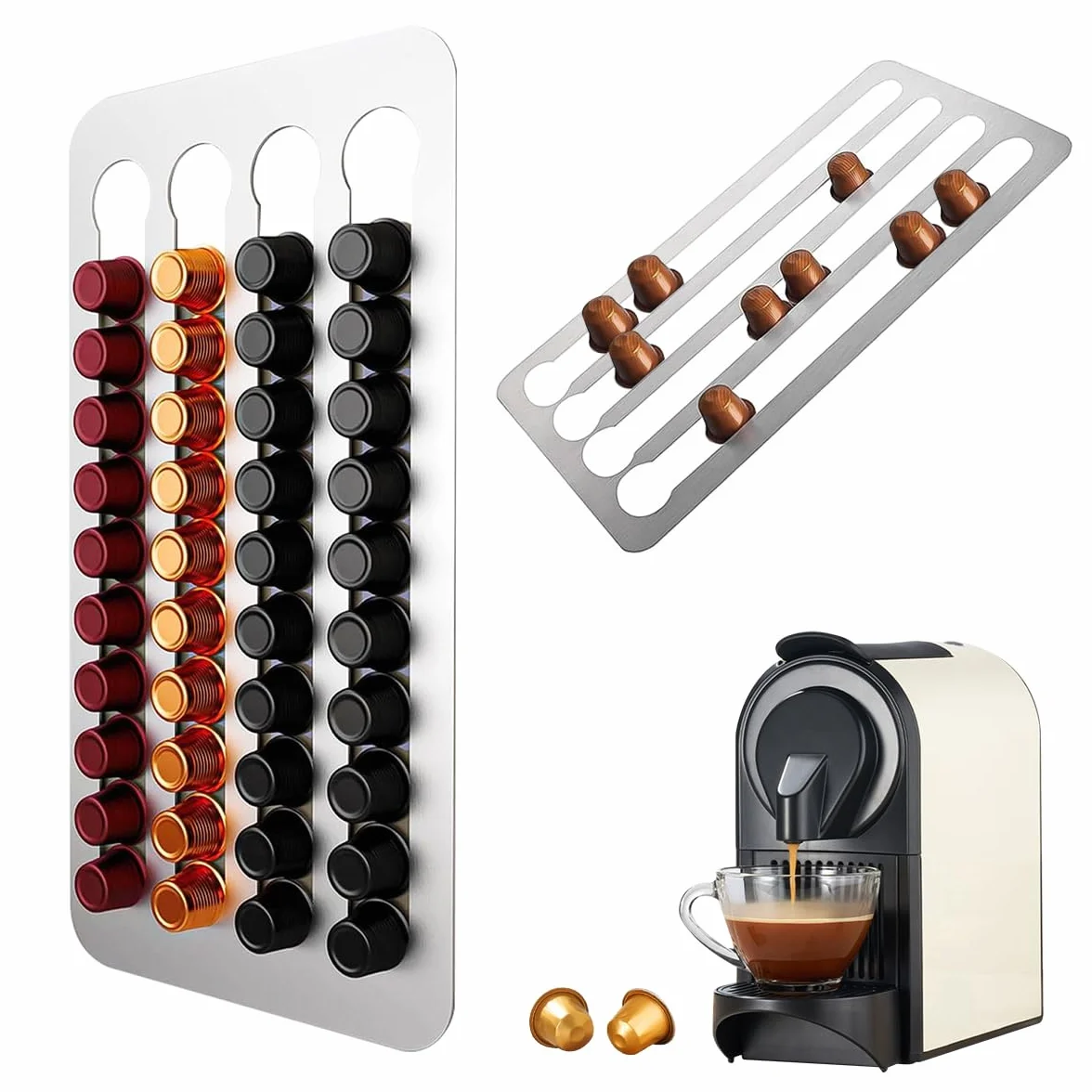 Porta Dispensador Guarda Capsulas para Nespresso,40,5x22cm Inoxidable Soporte Capsulas para Nespresso Vertuo,3M Cinta Adhesiva Soporte para Cápsulas de Café, para Almacenamiento de 40 Cápsulas Café