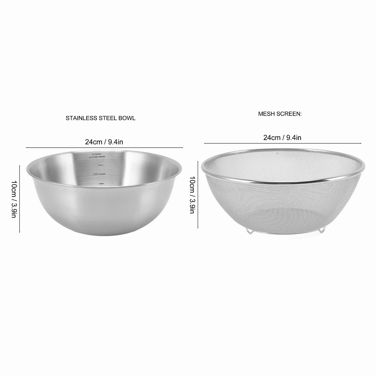 Colador de Acero Inoxidable, Colador de Colador para Cocina, Colador de Metal, Coladores de Malla Fina de Acero Inoxidable (Cuenco+Pantalla de malla)