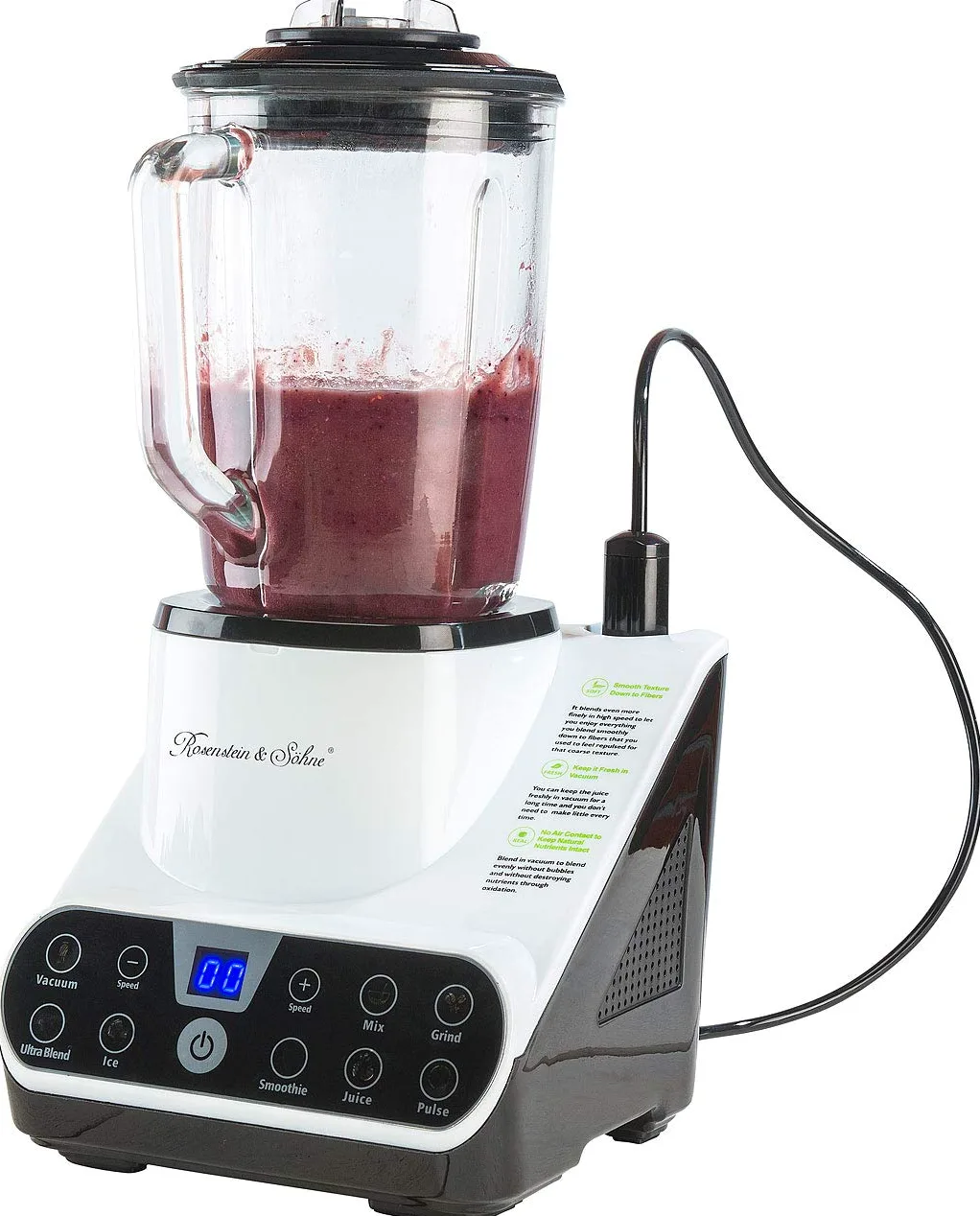 Rosenstein & Söhne vacío mezclador: Batidora de pie con función de vacío y pantalla táctil LED, 1,5 l, 1300 W (Procesadores de comida, Mezclador de alto rendimiento, Envasadoras al vacío)