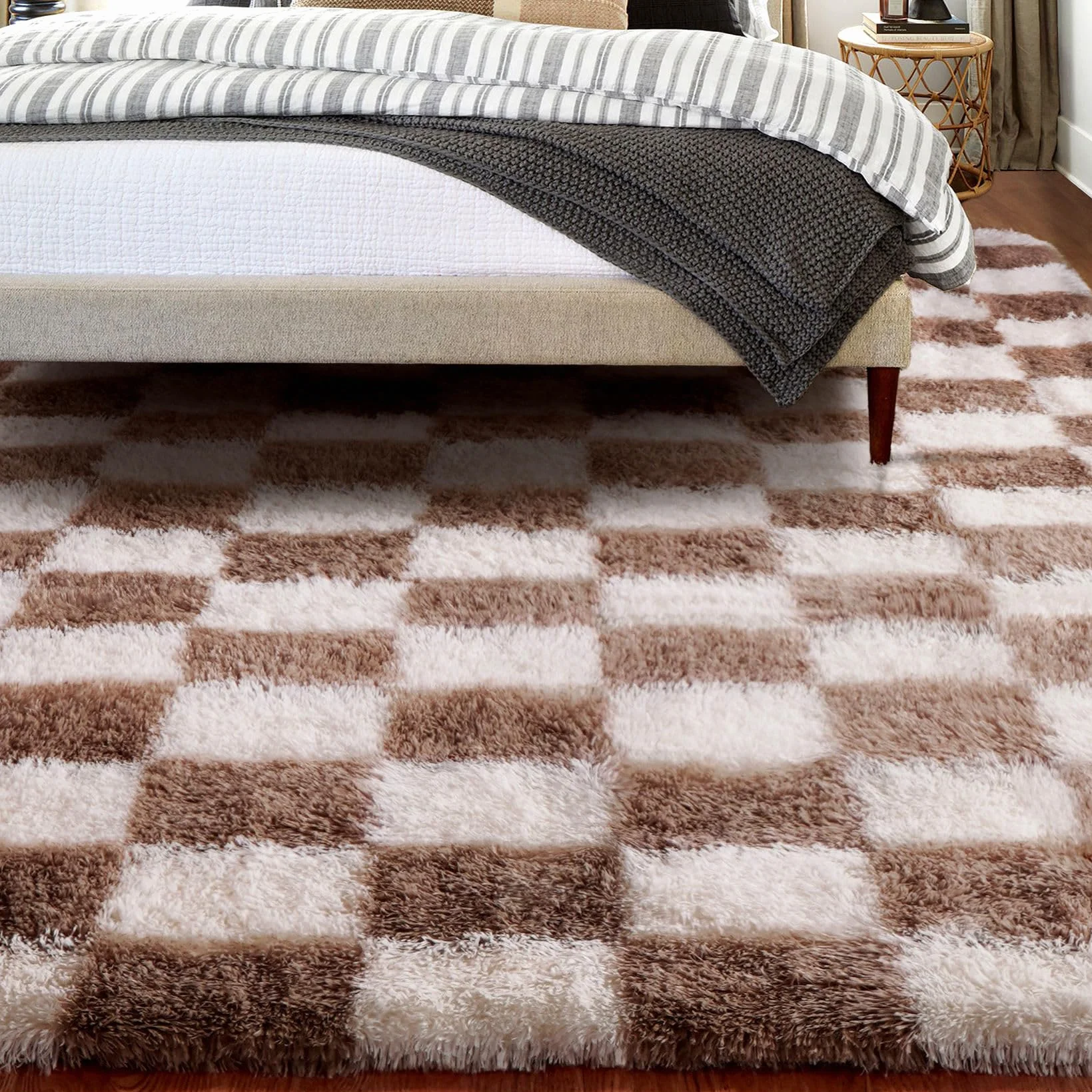 Alfombras de cuadros para dormitorio, 150x210cm, marrón y blanco, suave, alfombra grande para sala de estar, niños y niñas, jóvenes, dormitorio, pelo alto, esponjosa, larga, pasillo