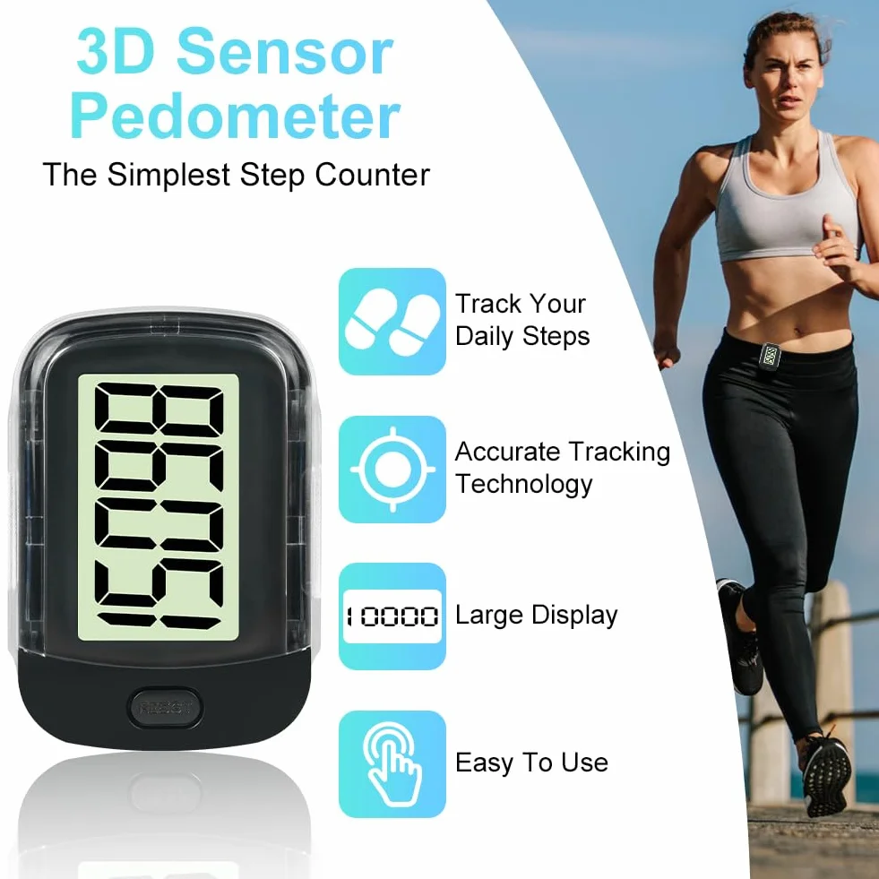 Flintronic 3D Active Podómetro con Clip y Cordón, Pantalla Grande, Electrónico para Ancianos Niños