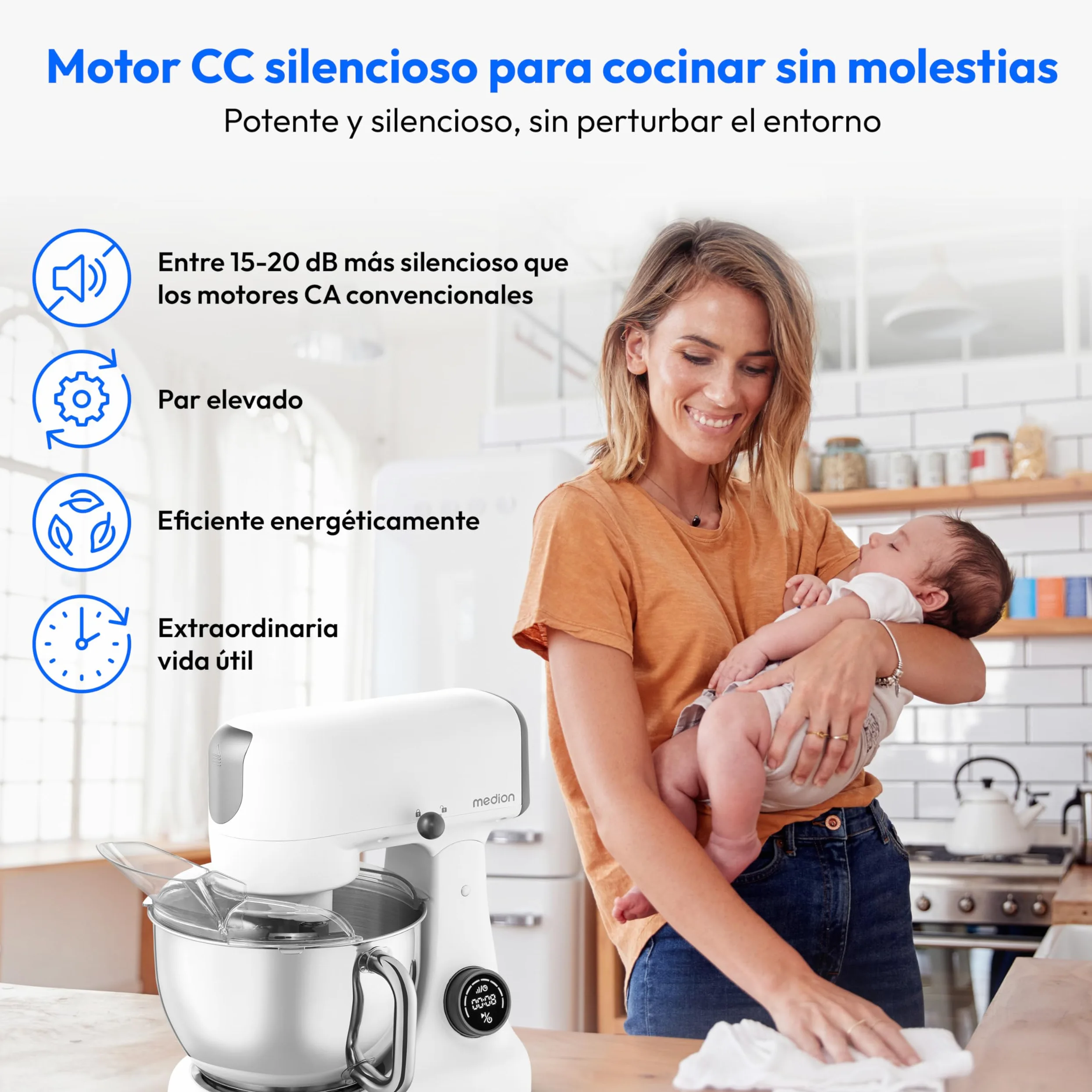 MEDION Robot de cocina con picadora (800 vatios, motor de CC, recipiente de acero inoxidable de 4,6 litros, ahorro de energía, ultrasilencioso, pantalla táctil con sensor digital, MD12600) Blanco