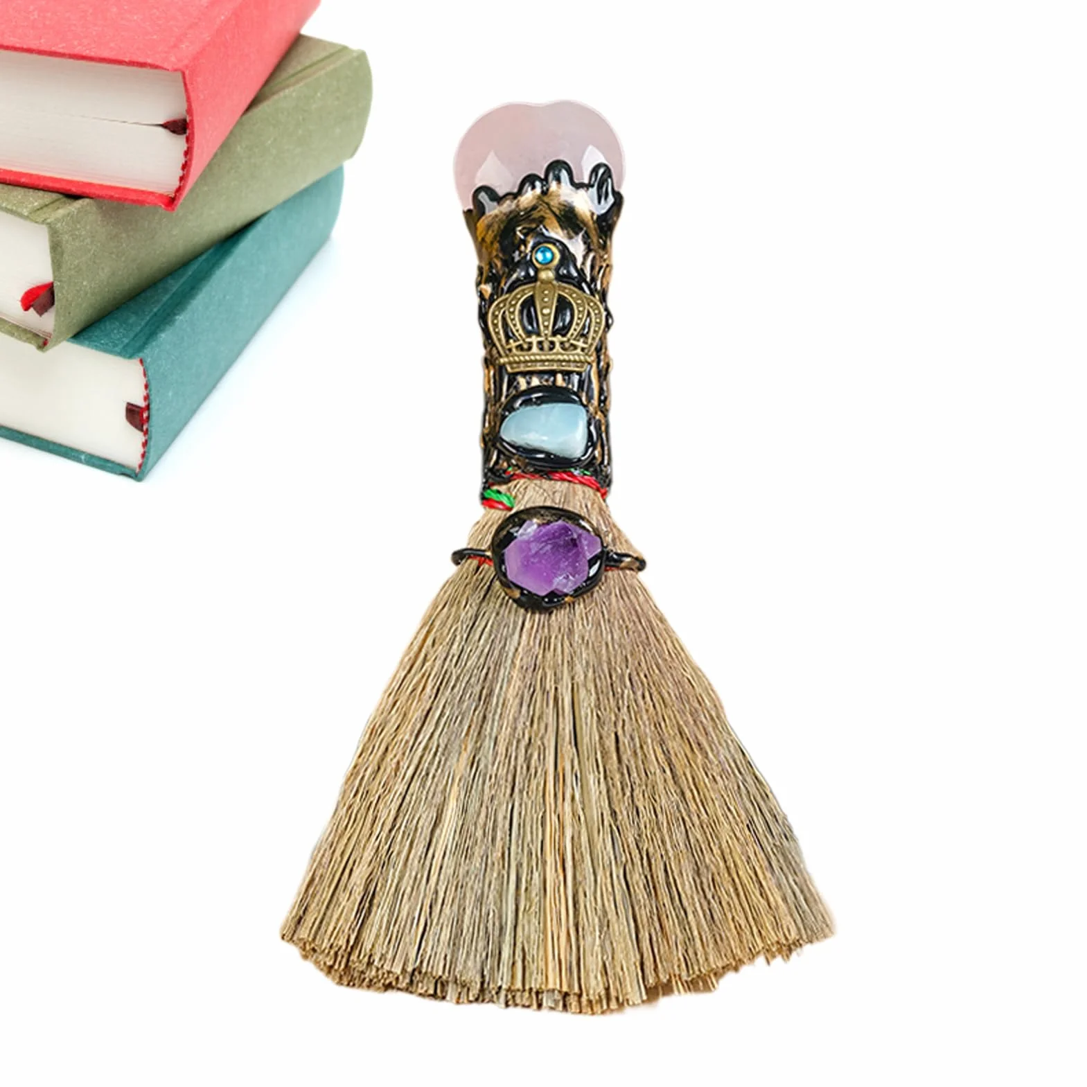 Escoba de altar de bruja | Escoba de bruja en forma de corazón de cristal para altar | Escoba de bruja para decoración del hogar, adornos curativos de Fengshui para el hogar, coche, oficinas, altar