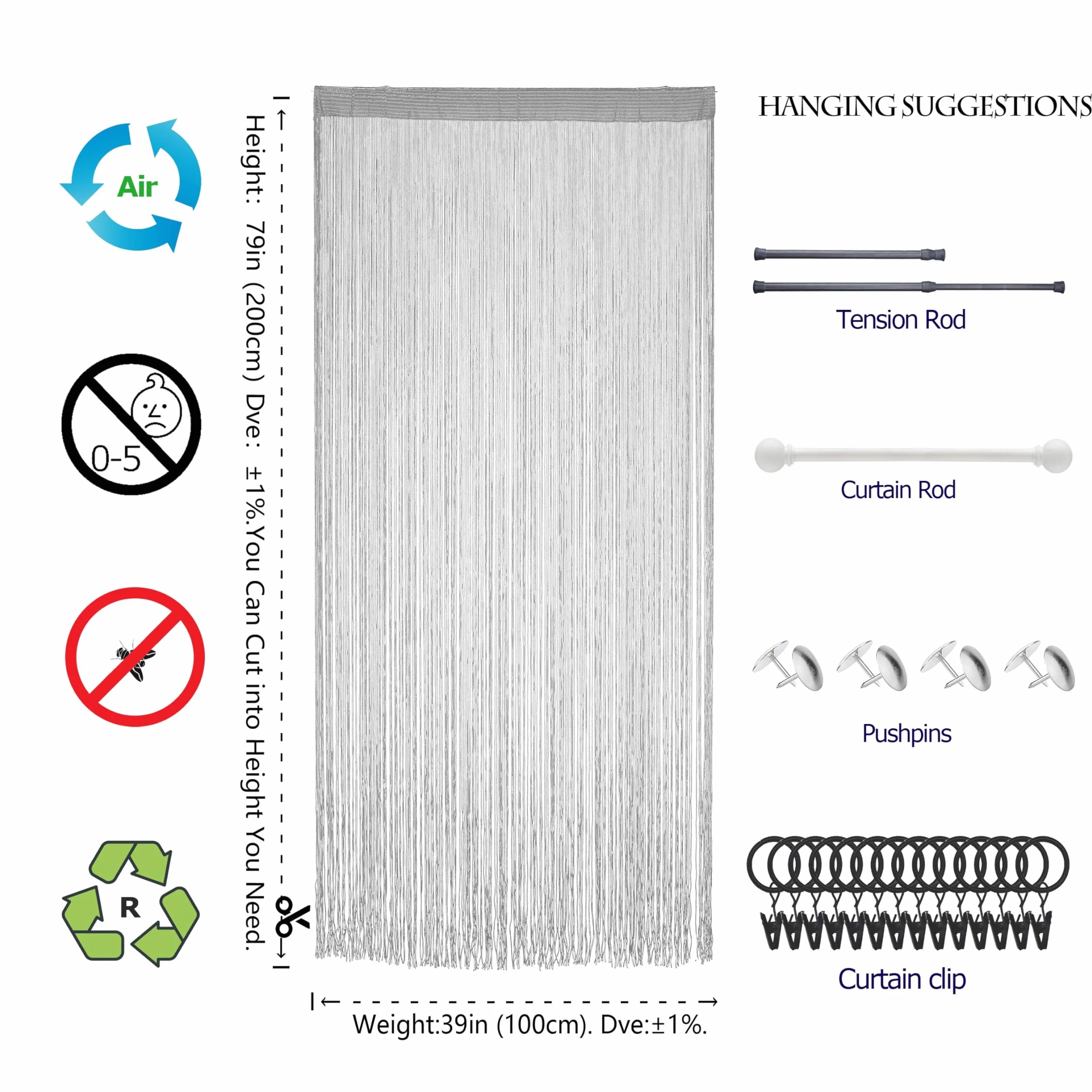 Cortina para puerta, mosquitera, cortinas de ventana, puertas, cuentas, borlas, puertas, persianas, divisor de habitación, cocina, exterior, panel de insectos (gris, 100 x 200 cm)