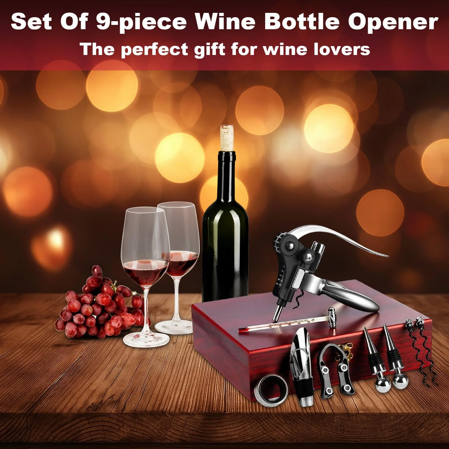 Sacacorchos Profesional Manual 9 Piezas con Caja Regalo Madera, Decantador y Antigoteo, Accesorios Abrebotellas para Regalos