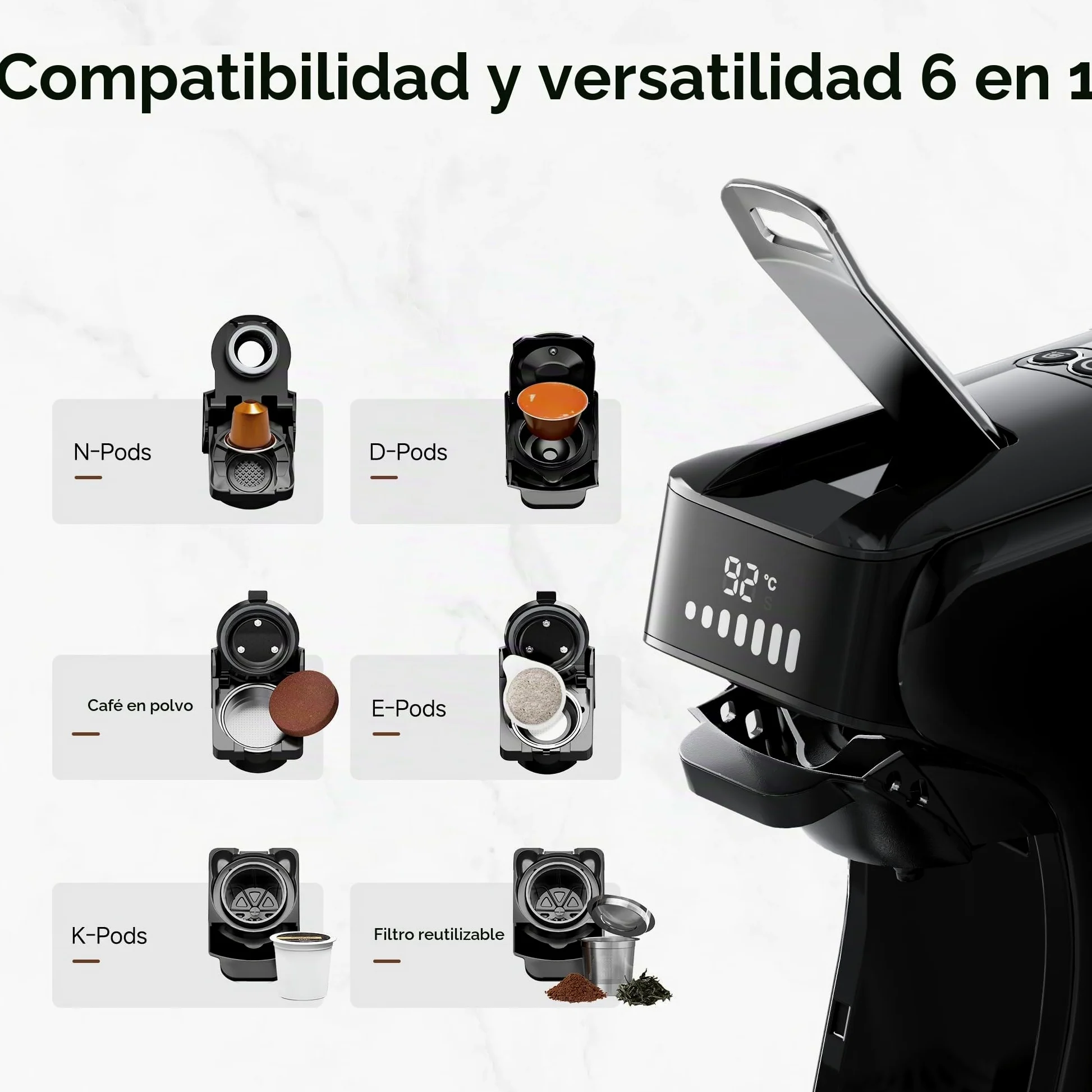 HIBREW H1B Cafetera 6-en-1, Máquina de Café Cápsulas 20 Bar | Compatible con Kcup*/Ns*/DG*/Café Molido, Modos Caliente/Frío con Indicador LED, Ahorro Energético y Protección Anti-sequía