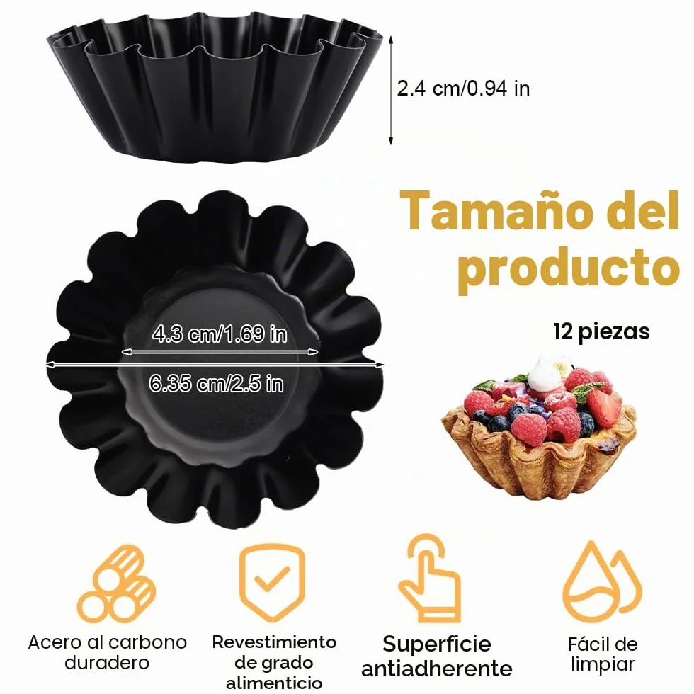 12 Piezas Moldes Mini Tartaletas Acero Carbono, 6.35 cm/2.5 in Moldes para Tartaletas Individuales,Reutilizables y Antiadherentes,Molde de Tarta de Huevo para Pudding, Tarta, Cupcake, Muffin