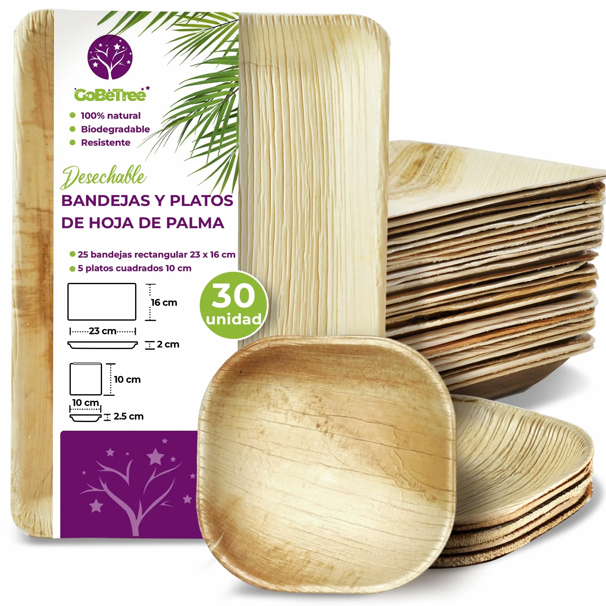 GoBeTree 30 Platos Desechables de Hoja de Palma 23x16 cm. Bandejas Rectangulares Elegantes Estilo Bambú para Tapas, Entrantes y Postres, Vajilla Rústica