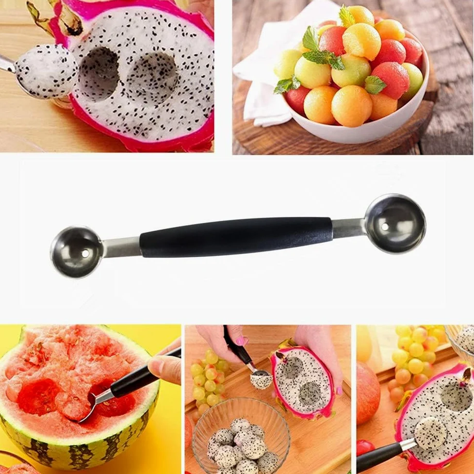 Cuchara de doble cara para frutas y melón, cortador de cuchara de acero inoxidable 2 en 1, 18 cm
