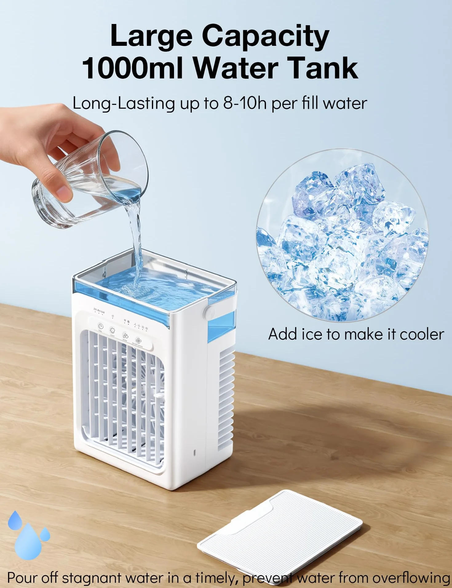 Mini Aire Acondicionado Portatil Silencioso 1000ml,Enfriador de Aire USB, Climatizador Frio Ventilador con hielo, 3 Velocidades, Temporizador 2/4/6H, Luz LED RGB Ideal para Oficina (White)