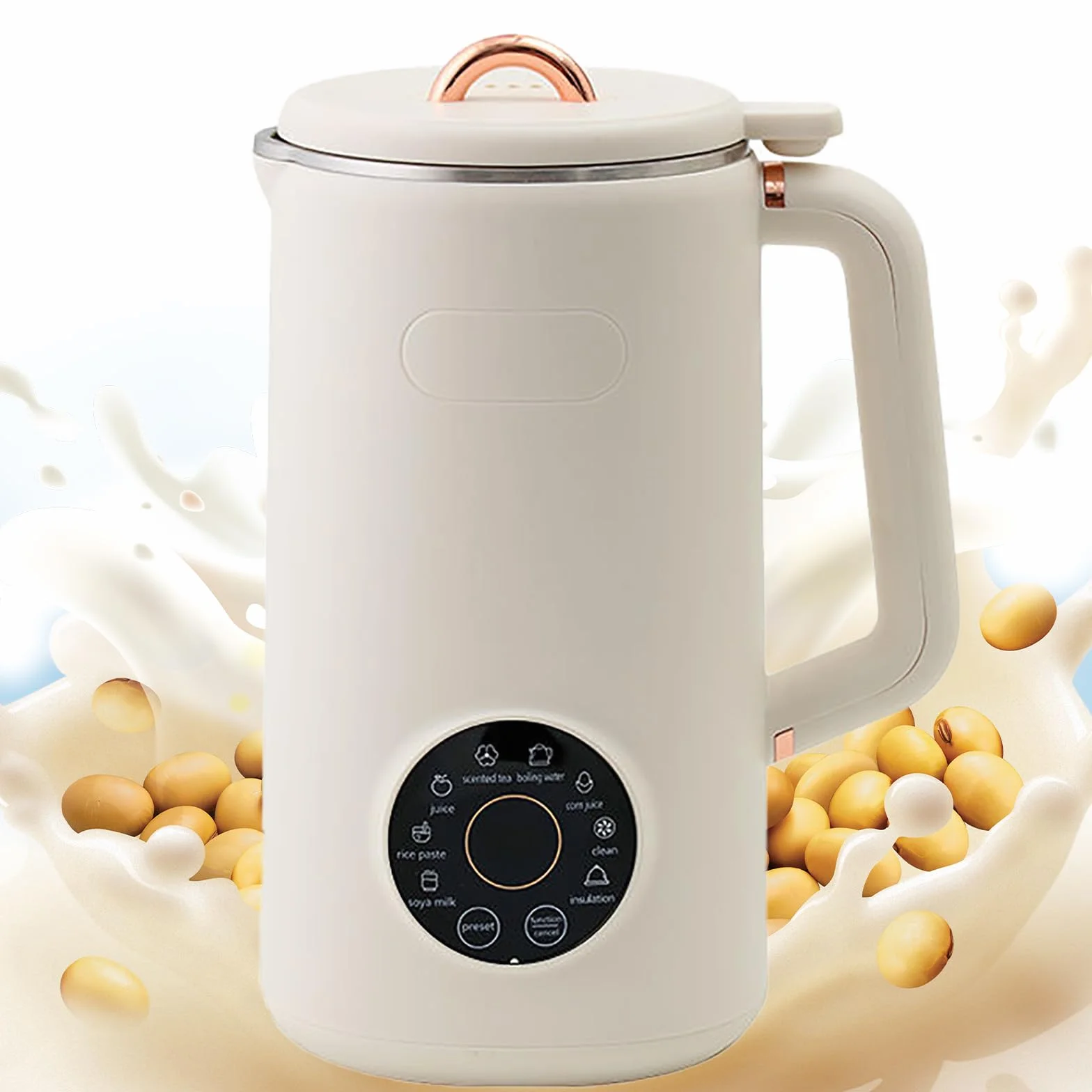 Máquina de leche de soja 8 en 1 con pantalla LED, temporizador, limpieza automática, sin filtro, mantiene el calor para almendras, avena, leche de soja y gachas caseras