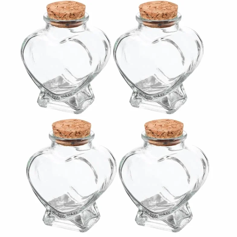 IMIKEYA 4 botellas de cristal en forma de corazón: pequeñas botellas de vidrio decorativas con corcho, botellas de 50 ml en forma de corazón para rellenar, botellas de deseos para bodas, San Valentín