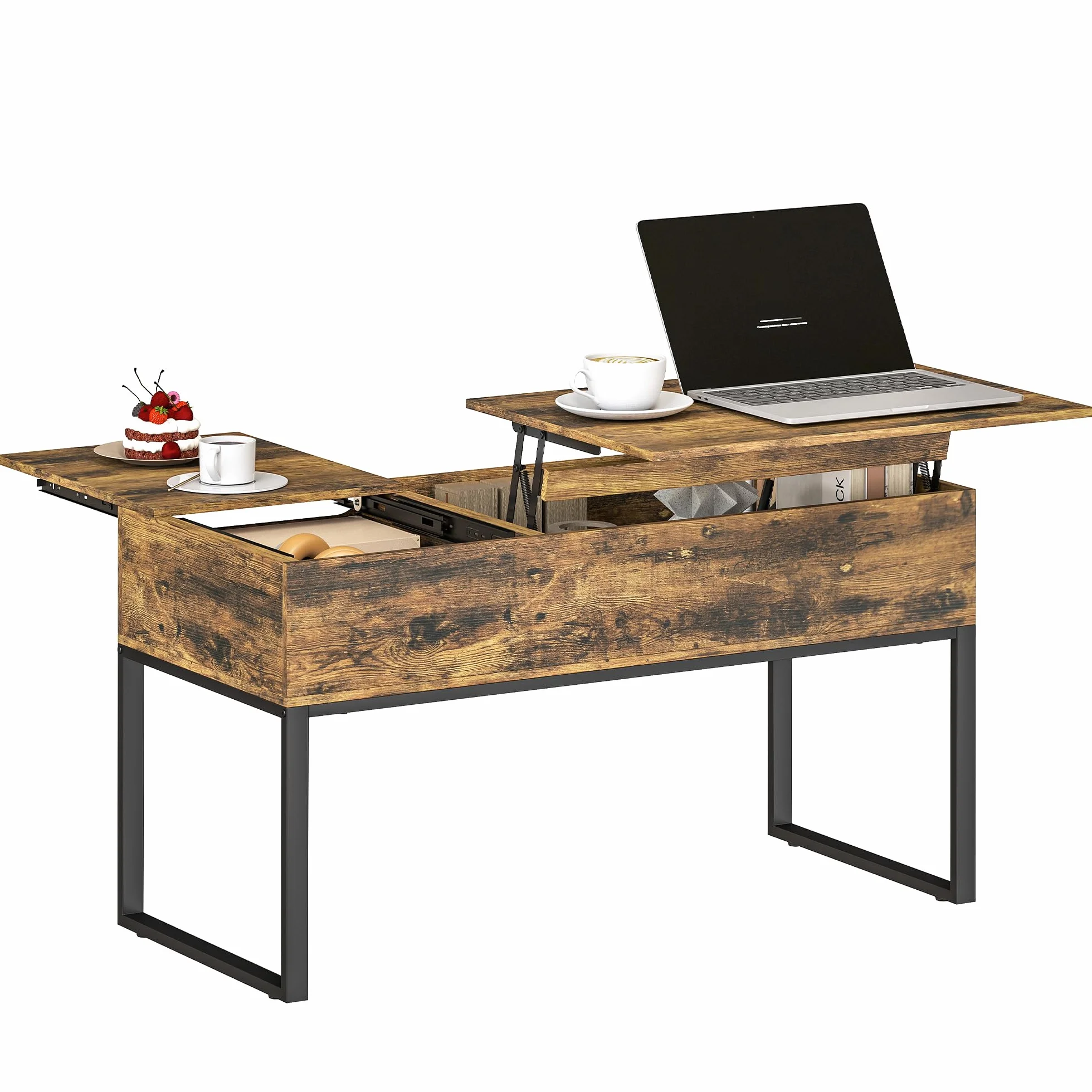 HOMCOM Mesa de Centro Elevable Cierre Suave 100x45x67 cm Marrón Rústico | Mesa de Café, Encimera Deslizante, Espacio Oculto de Almacenaje