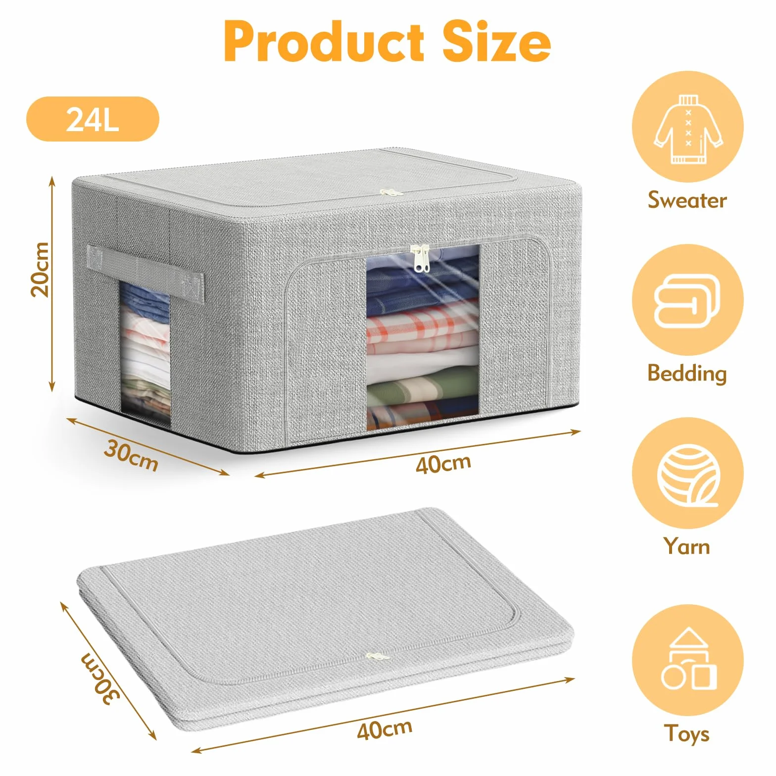 AIOR 2pcs Bolsa de Almacenamiento de Ropa con Estructura Metálica Plegable, 24L Tela Oxford Cajas de Almacenaje Ropa, Organizador Guardar para Juguetes Mantas