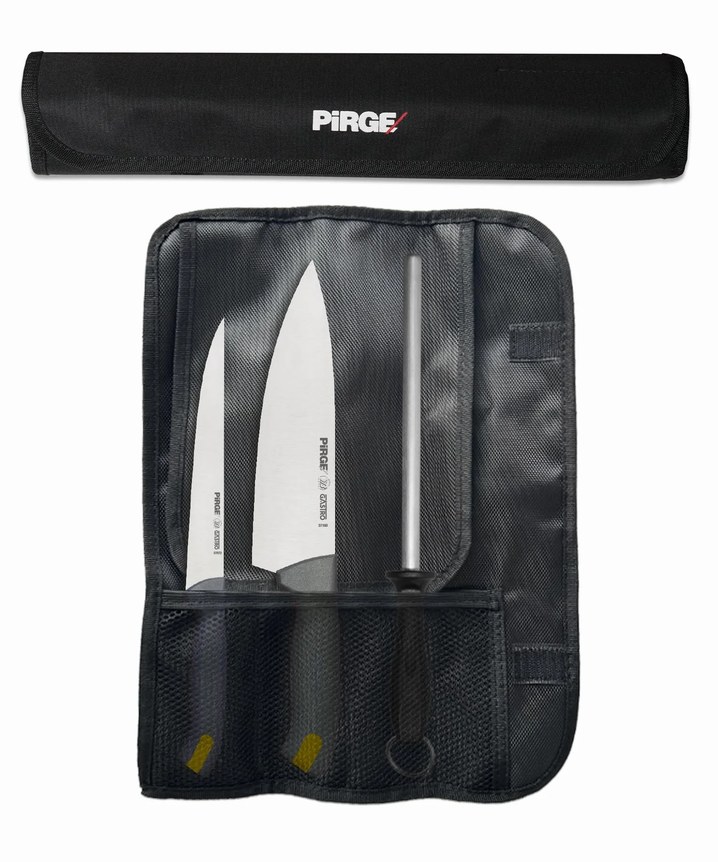 Pirge Gastro - Juego de cuchillos de cocina profesional con bolsa de rodillo, 4 piezas, cuchillo de chef de 19 cm, cuchillo de queso, 17 cm, cuchillo de filete, acero para afilar, cuchillos de cocina