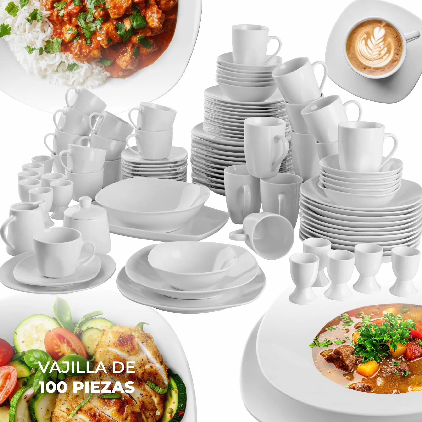 tectake® Juego de Vajilla de Porcelana, 100 Piezas para 12 Personas, Apta para Lavavajillas y Microondas, Platos y Cuencos Apilables, Resistente a Arañazos, Vajilla Completa Ideal para Cocina Moderna