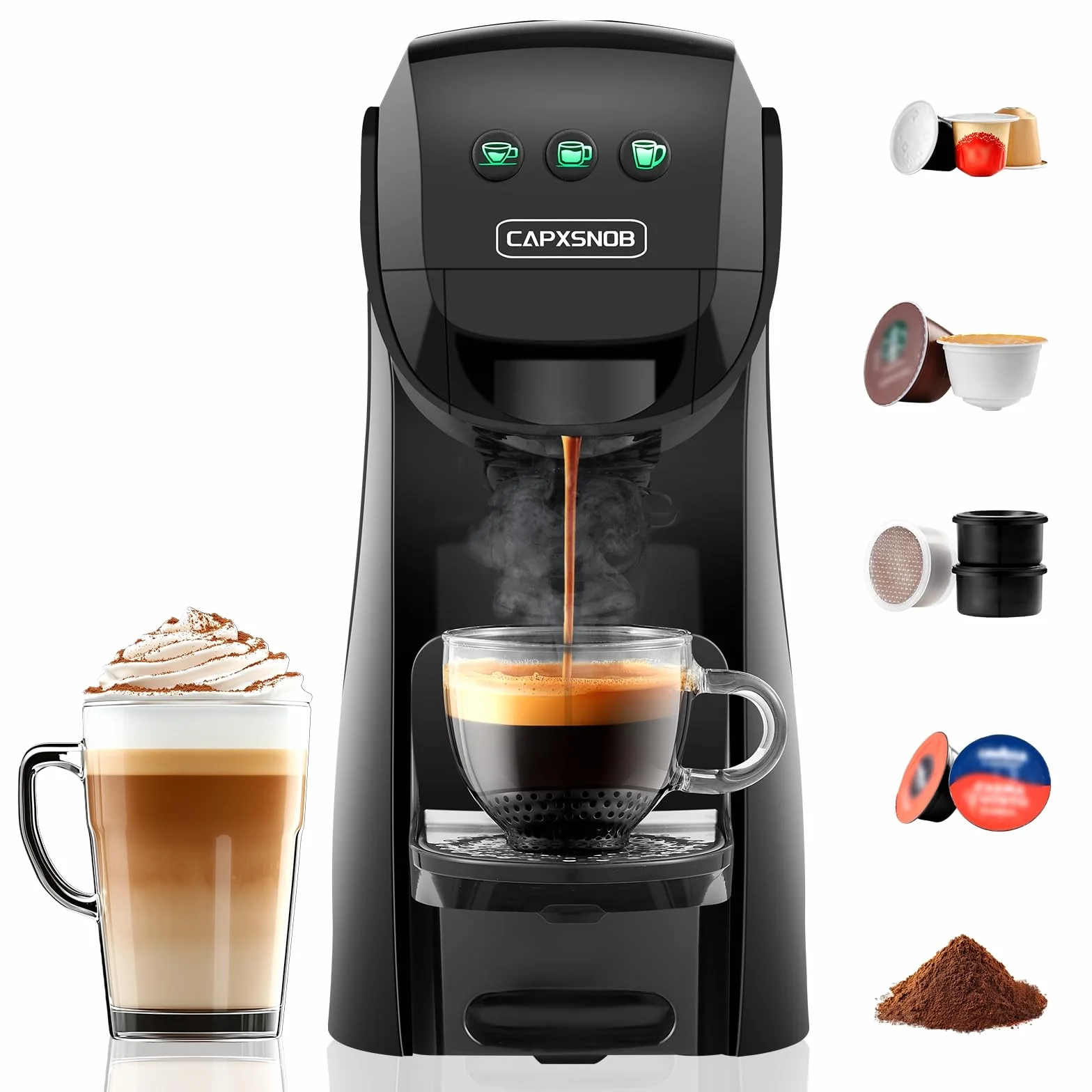 Warriors1 Cafetera Capsula 5en1 para Dolce Gusto, Nespresso, Lavazza A Modo Mio, Expreso Point y Café Molido, 20bar, 0,8L, Automática y Compacta Máquina Multicápsula, Multibebida para Hogar y Oficina